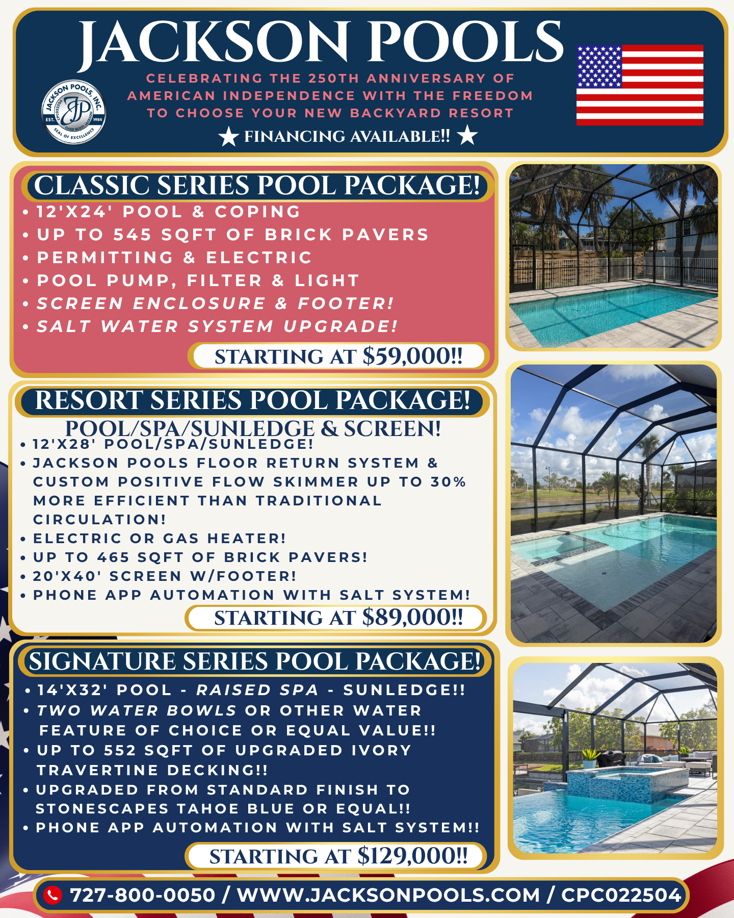 Jackson Pools, Inc. Facebook ad: Pool Packages Starting at $59,000, Financing Available