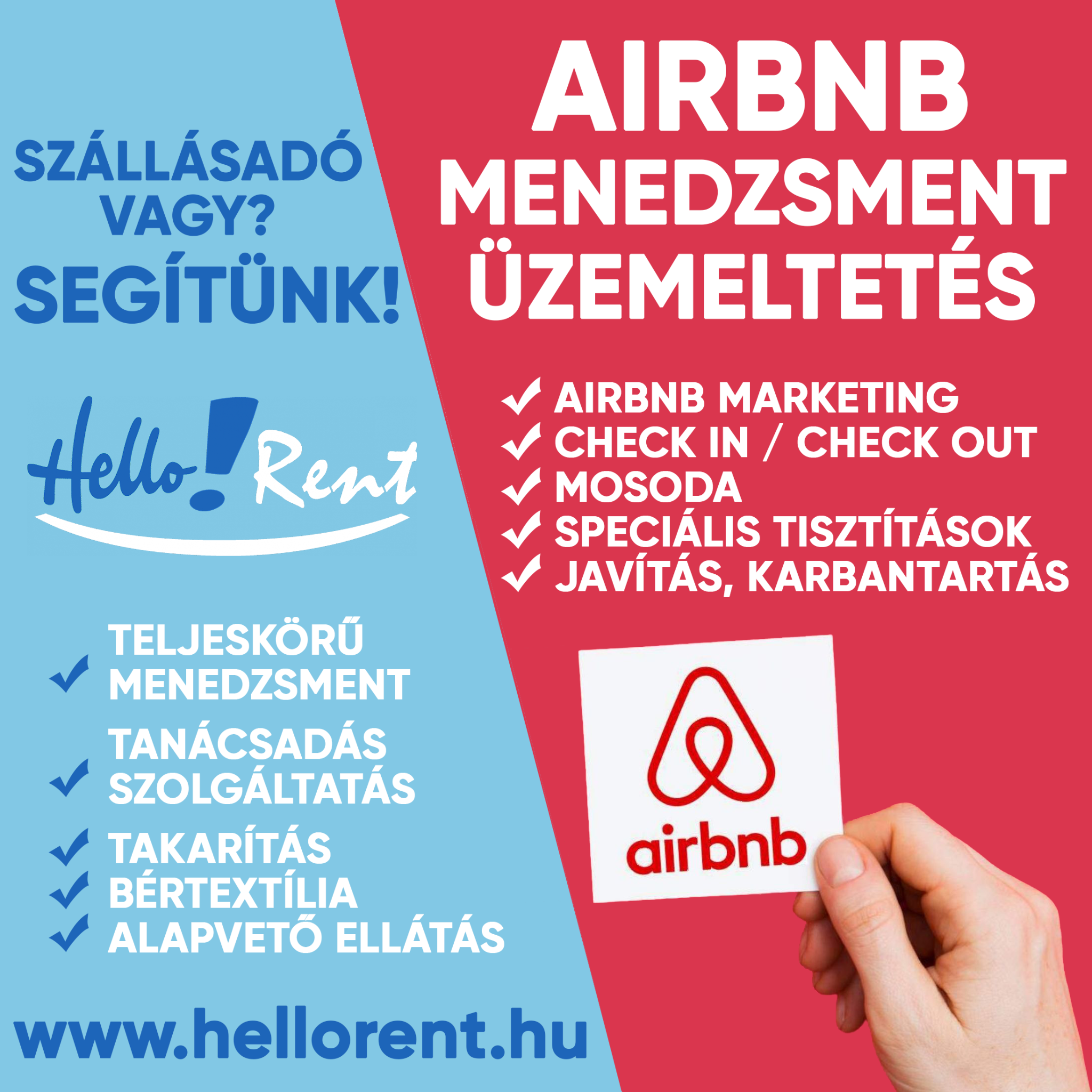 Hello-Rent Airbnb menedzsment Facebook ad from May 6, 2024