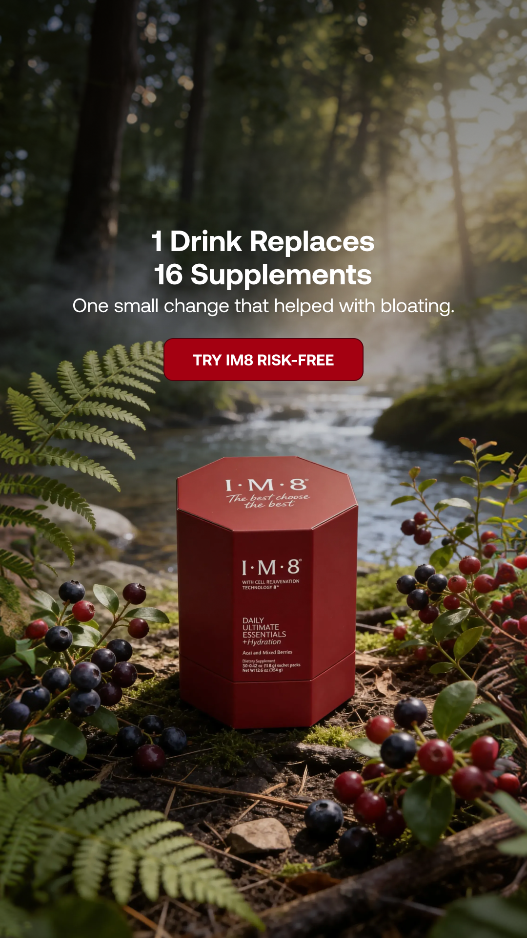 IM8 Facebook ad: One Scoop. 16 Supplements. Zero Guesswork.