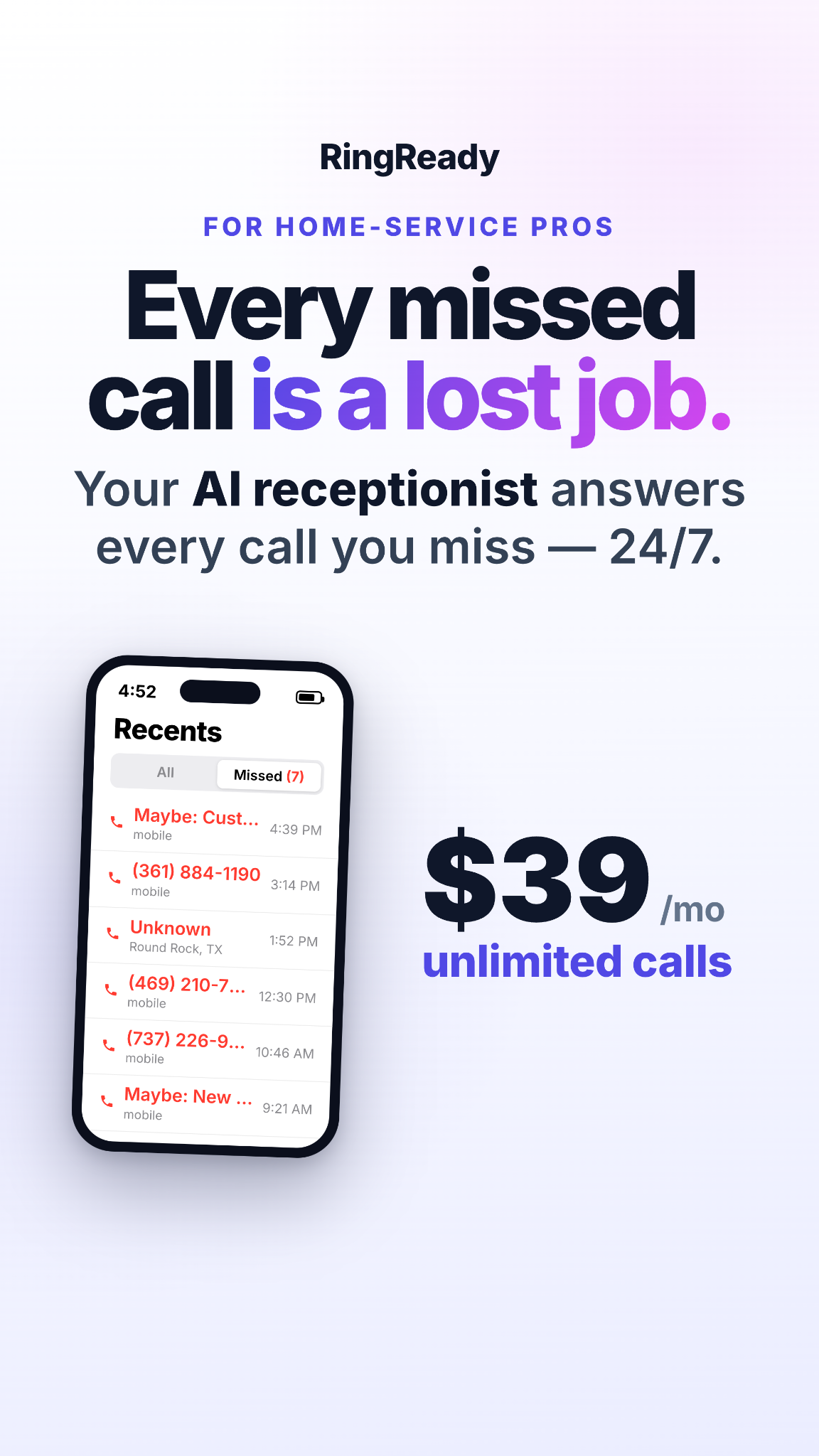 RingReady AI Receptionist Facebook ad