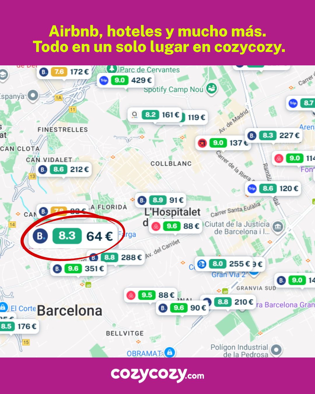 cozycozy.com Facebook ad: ¿Hotel, cabaña o depto? Cozycozy lo tiene todo.