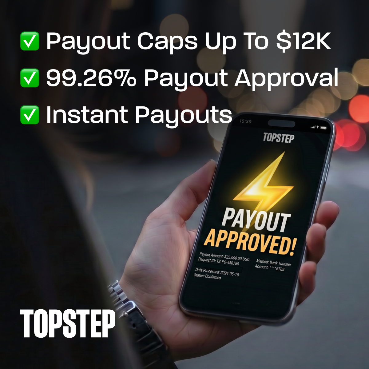 Topstep Facebook ad: Instant Payouts. Under 9 secs