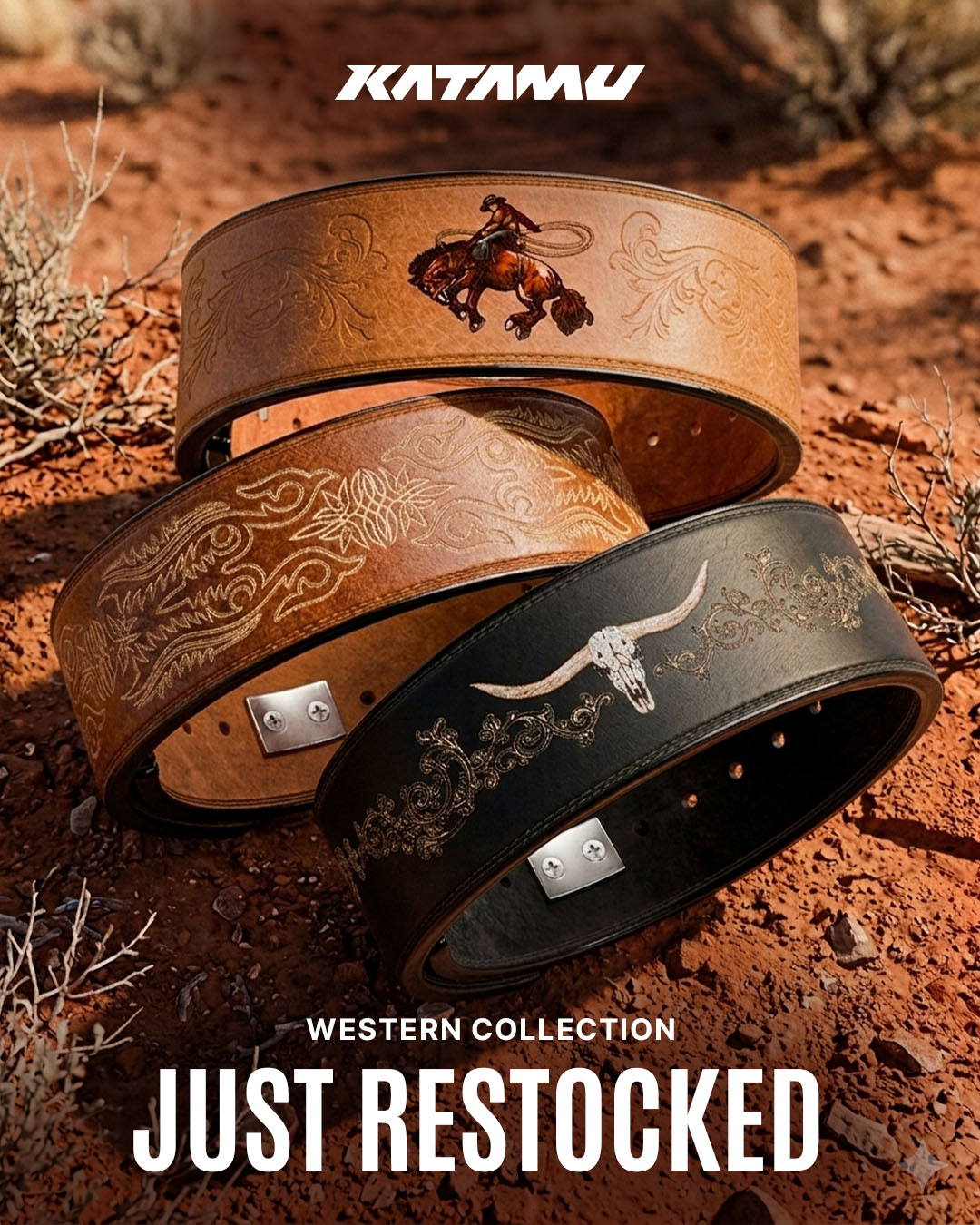 Katamu Belts Co Facebook ad: Western Lever Belts Restock