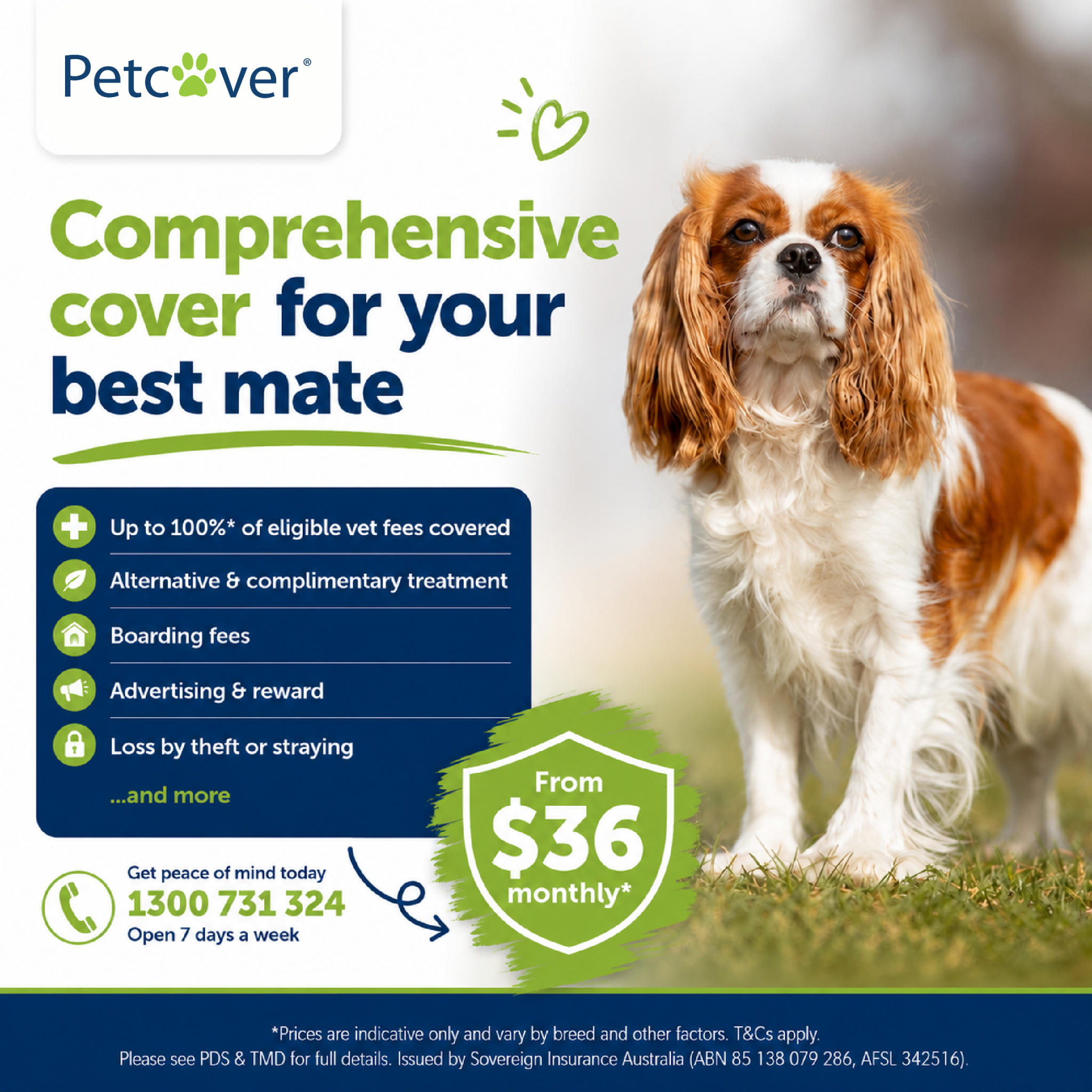 Petcover Australia Facebook ad: Claim up to 100%* of eligible vet bills
