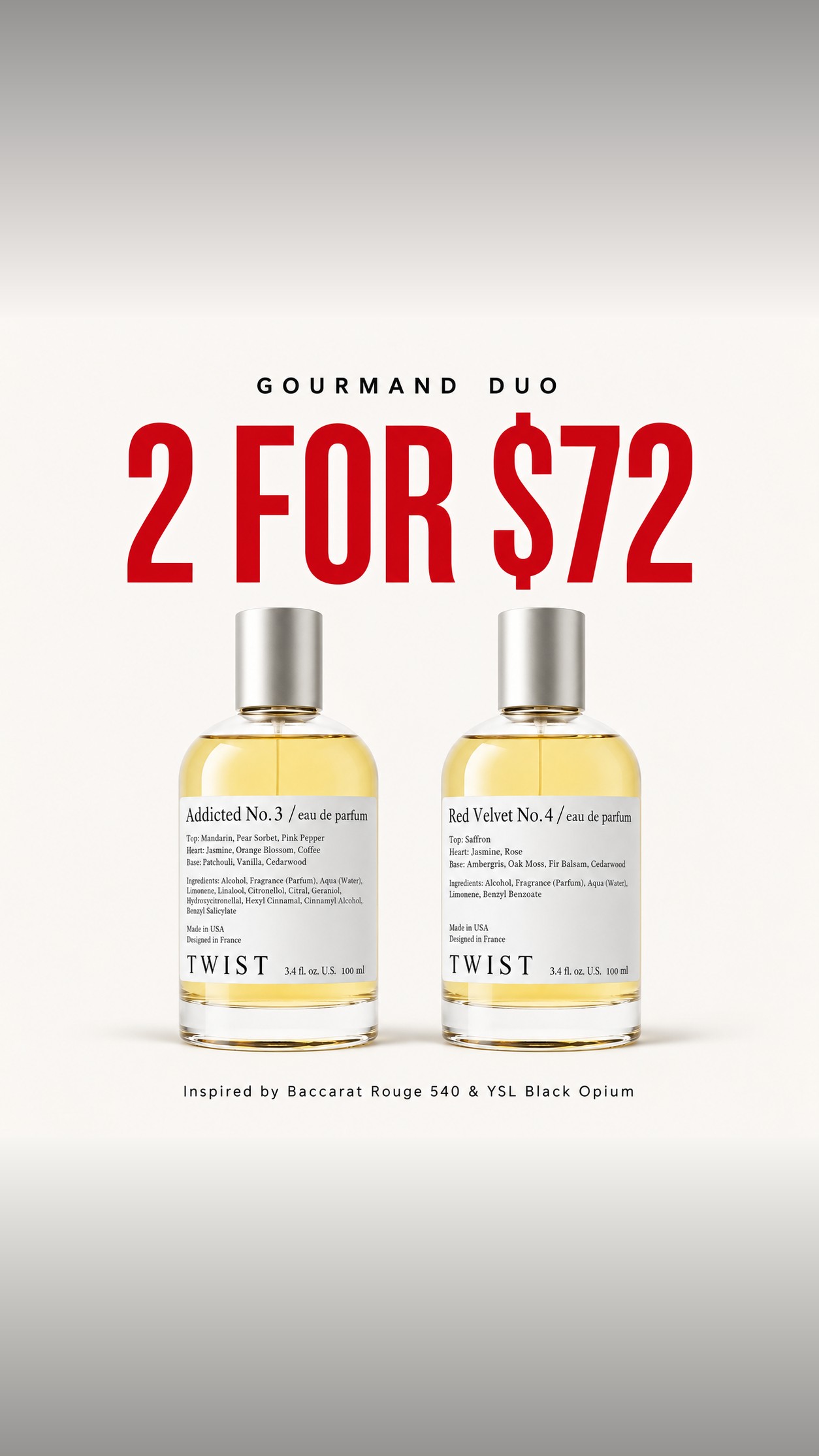Twist Perfumes Facebook ad: 2 Designer-Inspired Scents for $72