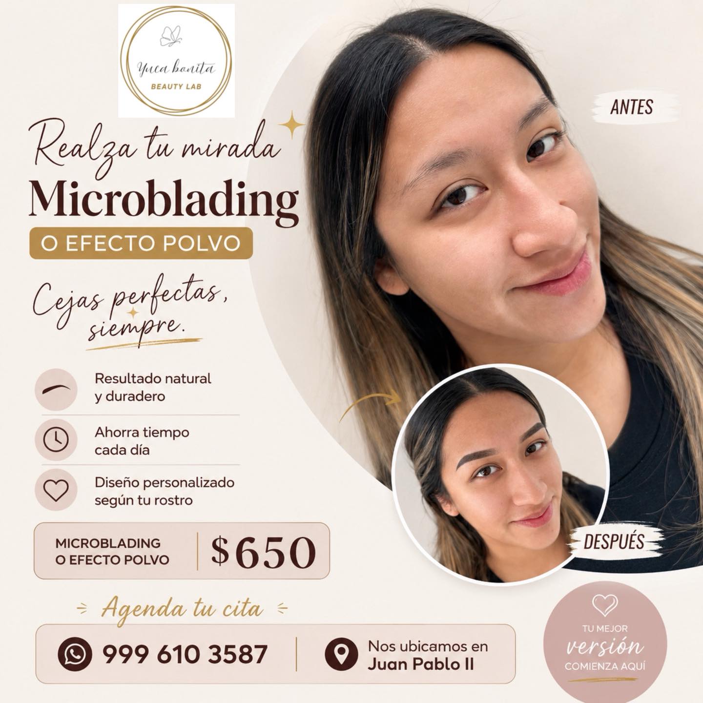 Yuca Bonita Beauty Lab Facebook ad: Realza tu mirada con cejas perfectas.