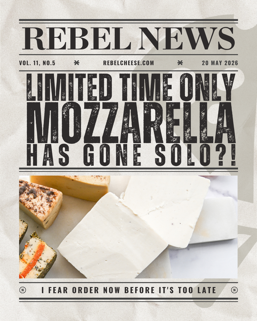 Rebel Cheese Facebook ad: Dairy-Free Meltable Mozzarella