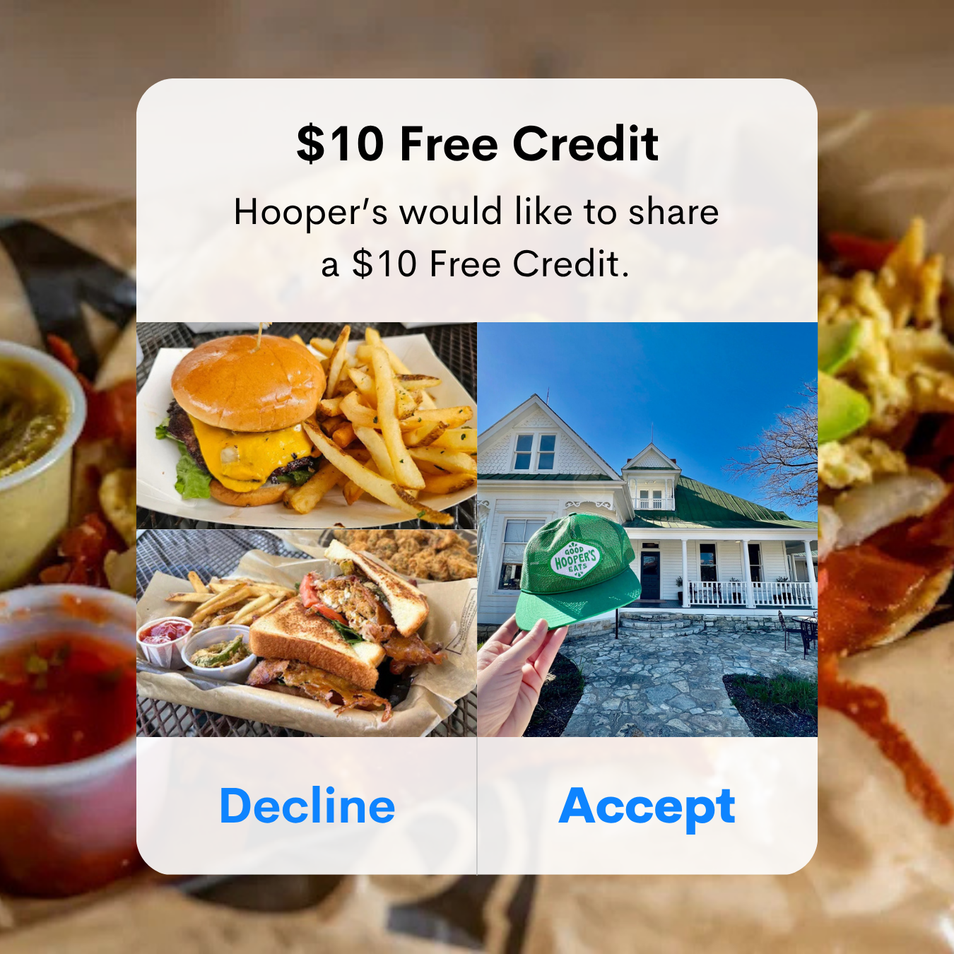 Hooper's Facebook ad: Get $10 On Us Today