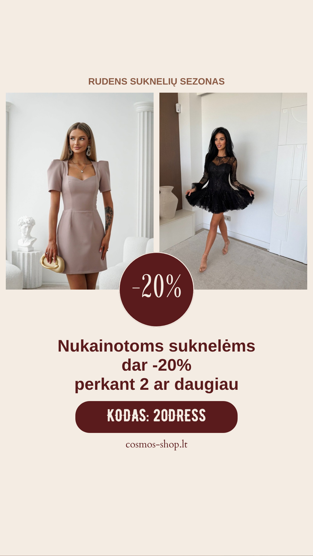 Cosmos Shop Facebook ad: Nuolaidos kodas 20DRESS
