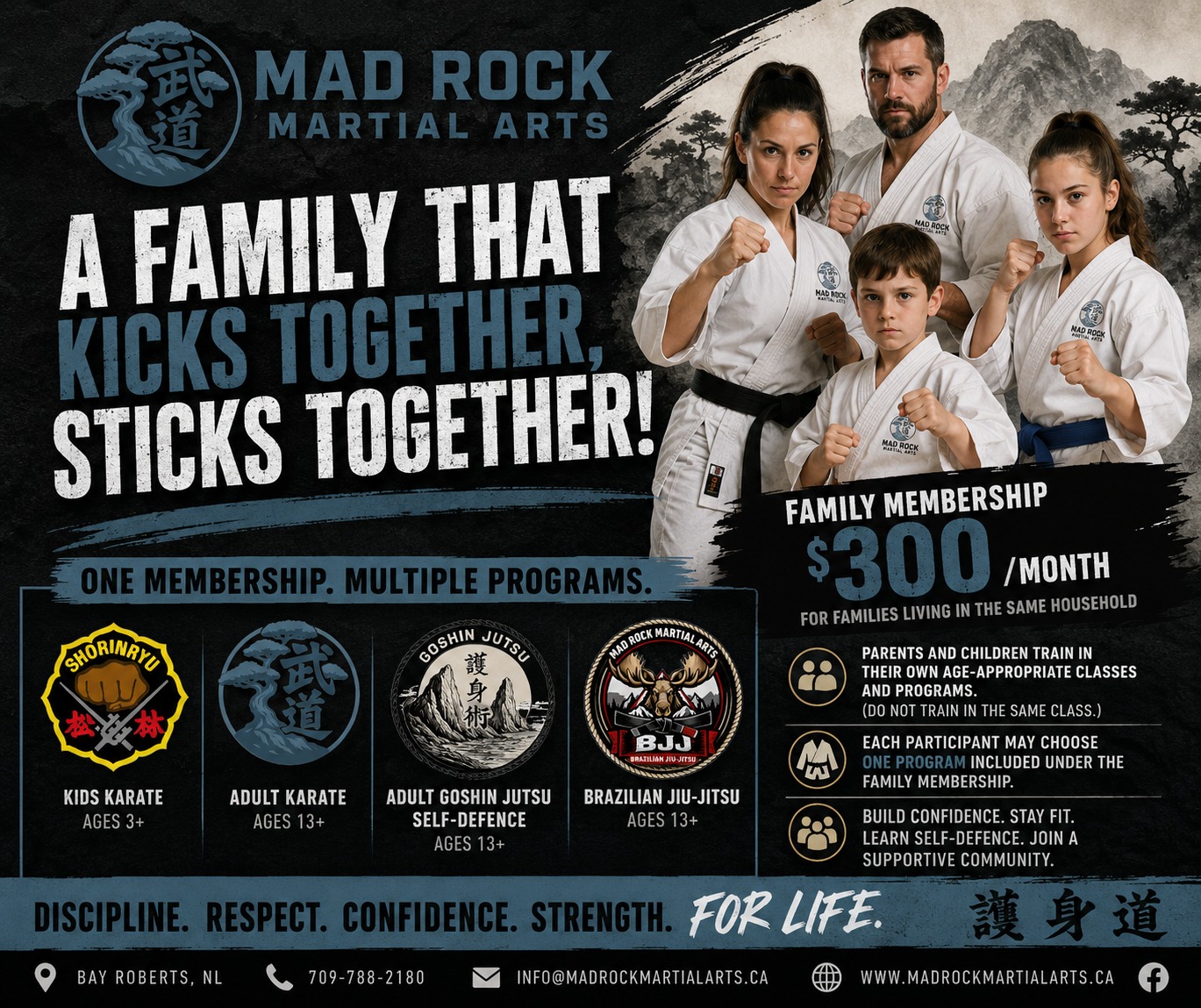 Mad Rock Martial Arts & Fitness Facebook ad: A Family That Kicks Together, Sticks Together!
