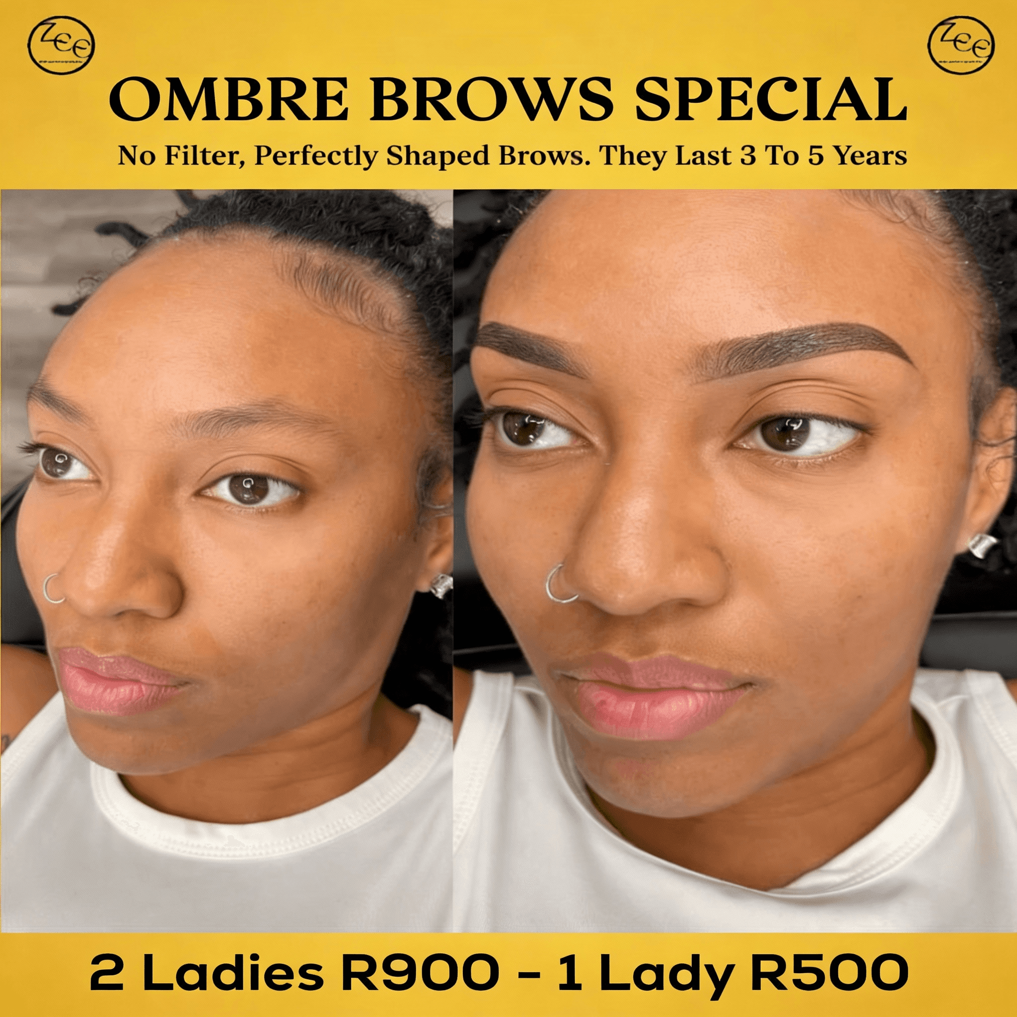 Zee Brow & lash studio Facebook ad: 1 Lady, R500 2 Ladies, R900