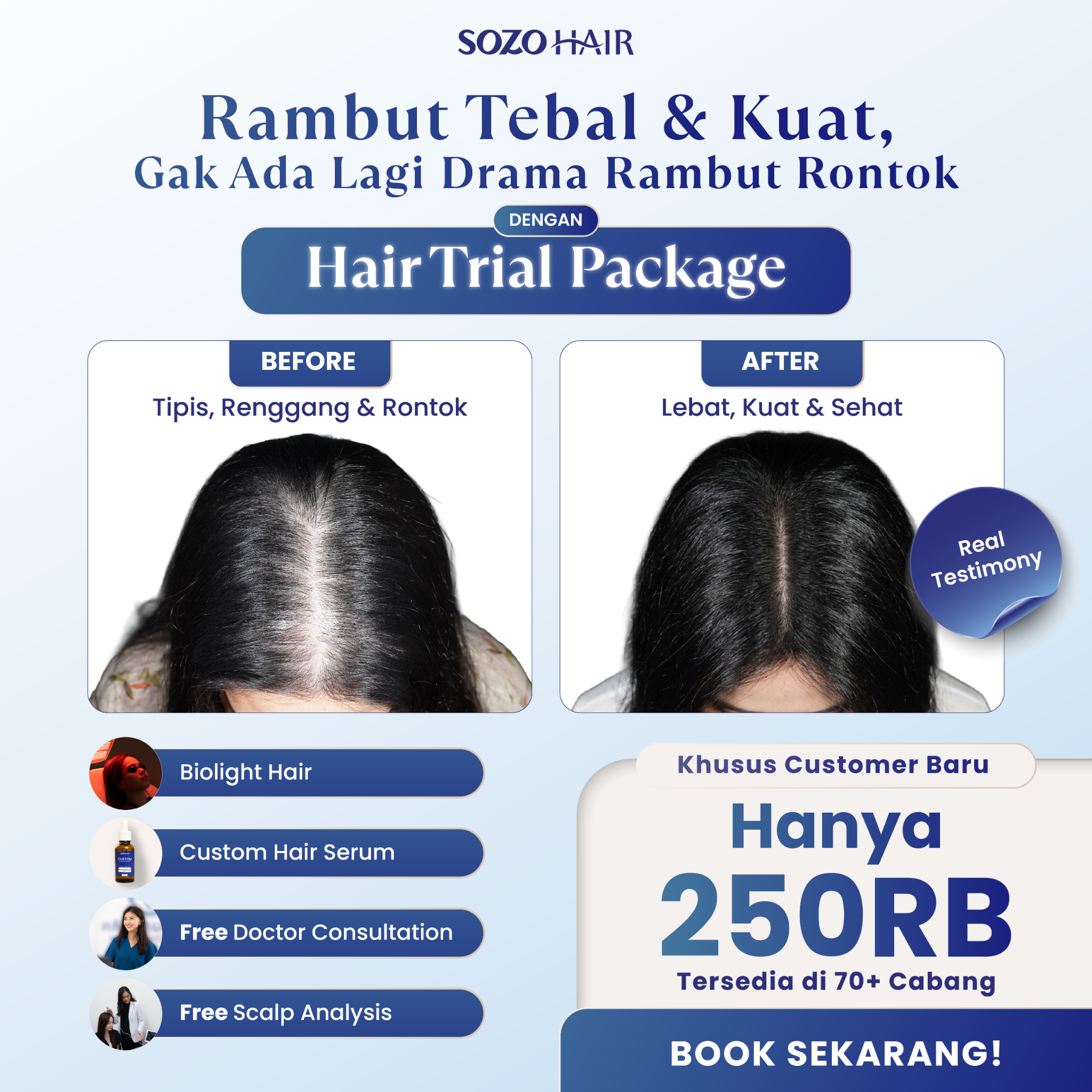 Sozo Skin Clinic Facebook ad: Rontok Makin Parah? Coba Hair Trial Package Cuma 250RB!
