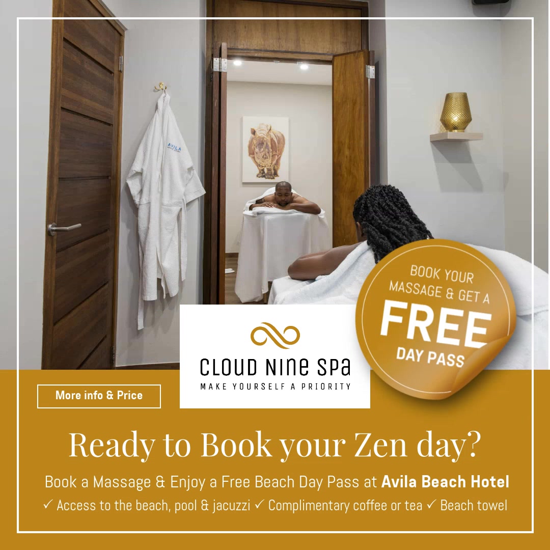 Cloud Nine Spa Curacao Facebook ad: Book a Massage & Enjoy a FREE Day Pass at Avila Beach Hotel!