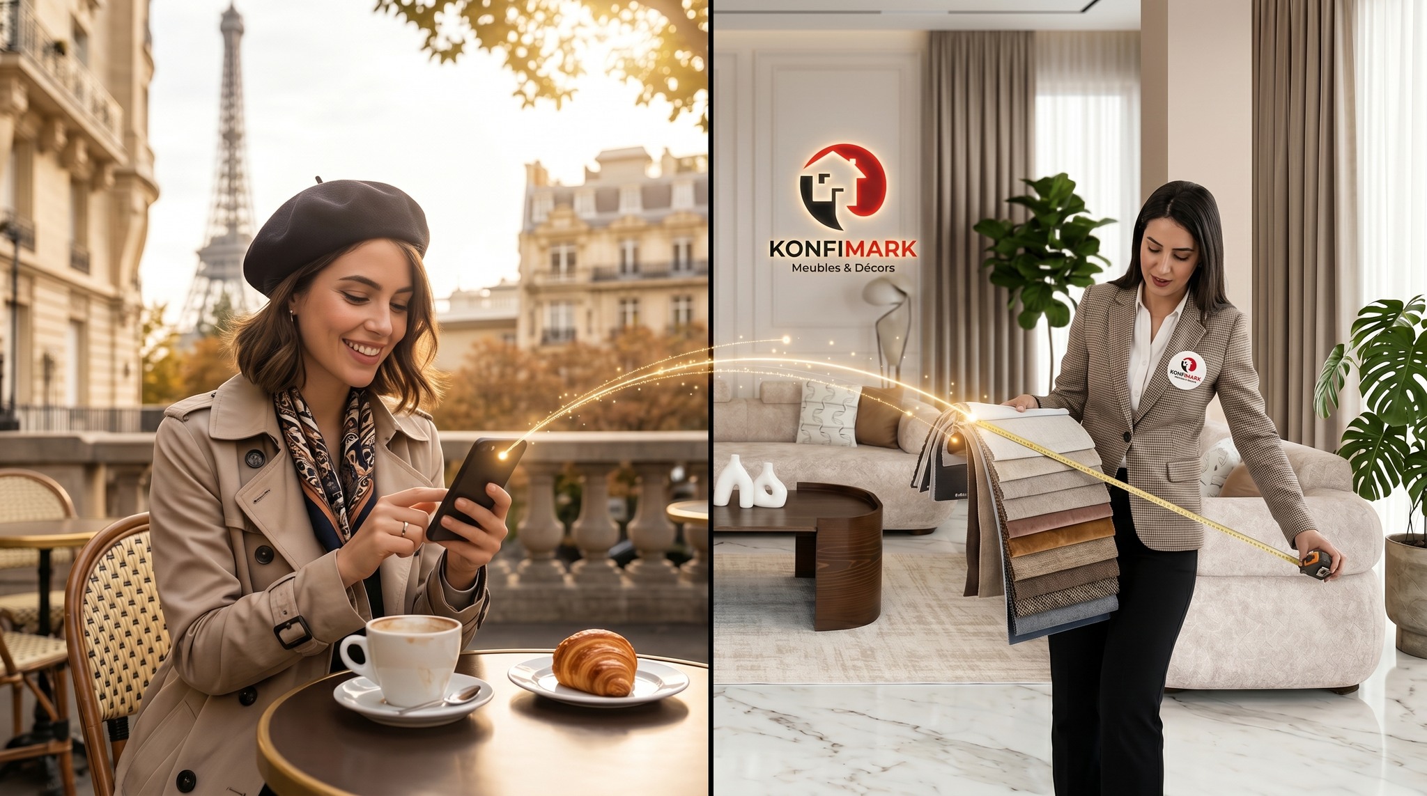 Konfimark Meubles Facebook ad: حرفائنا بالخارج. استثمر وقتك في عطلتك، وأثاث دارك…