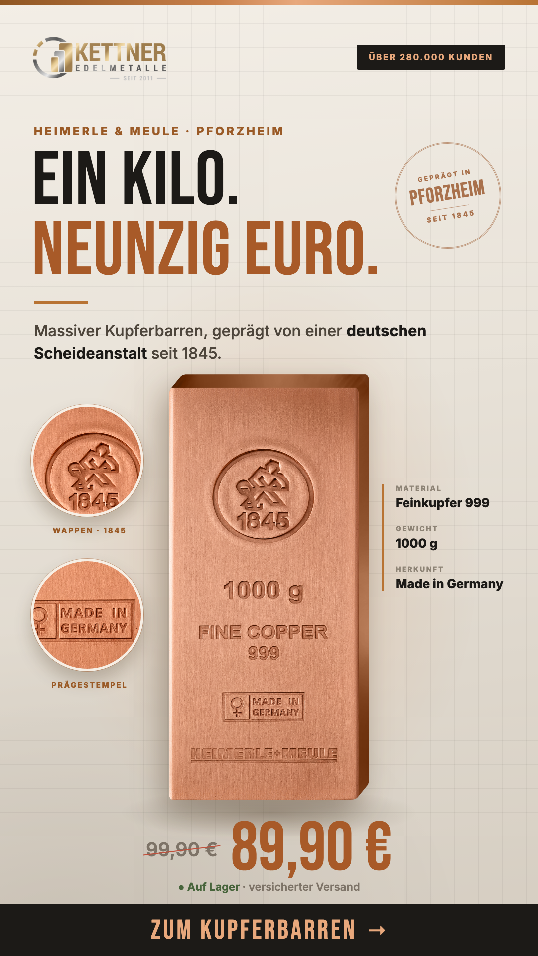 Kettner Edelmetalle Facebook ad: Ein Kilo. Neunzig Euro.