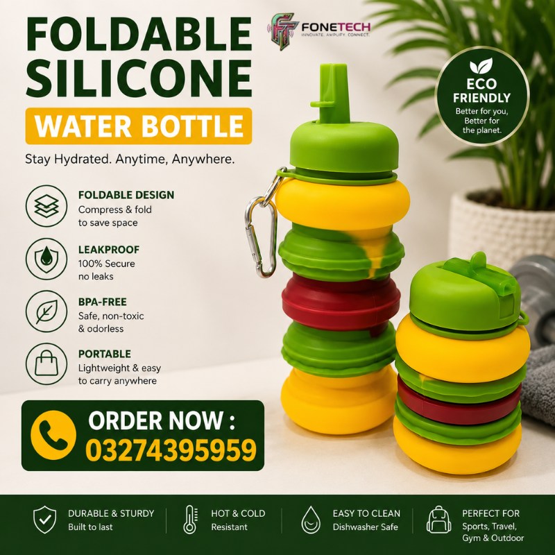 FoneTech Pakistan Facebook ad: Foldable Silicone Water Bottle, Portable Collapsible…