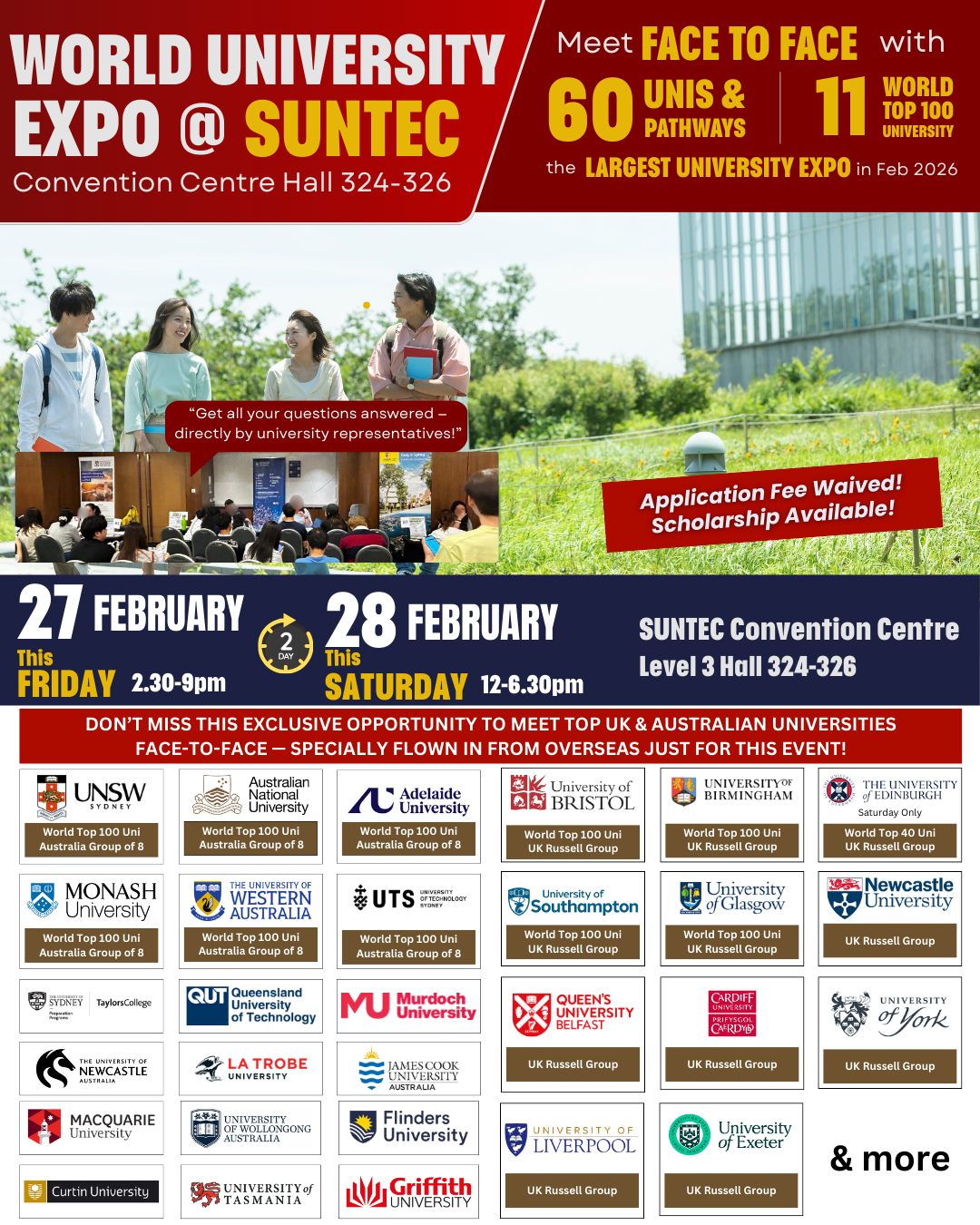 OverseasEducation.sg Facebook ad: World Uni Expo@Suntec 27-28 Feb 2026 Fri-Sat