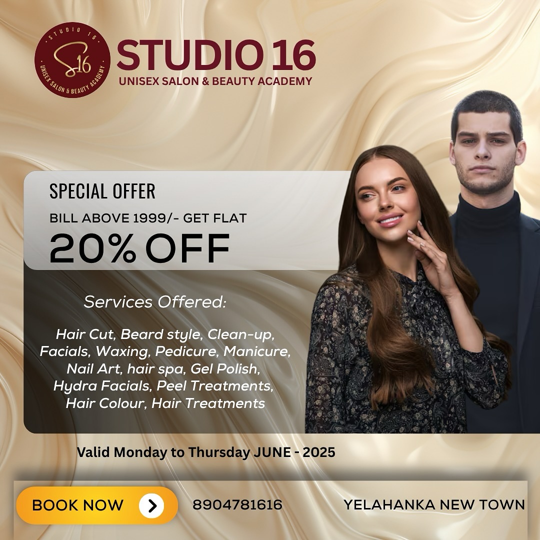 studio16salon_blr Facebook ad: Say hello to glowing skin and stunning styles!