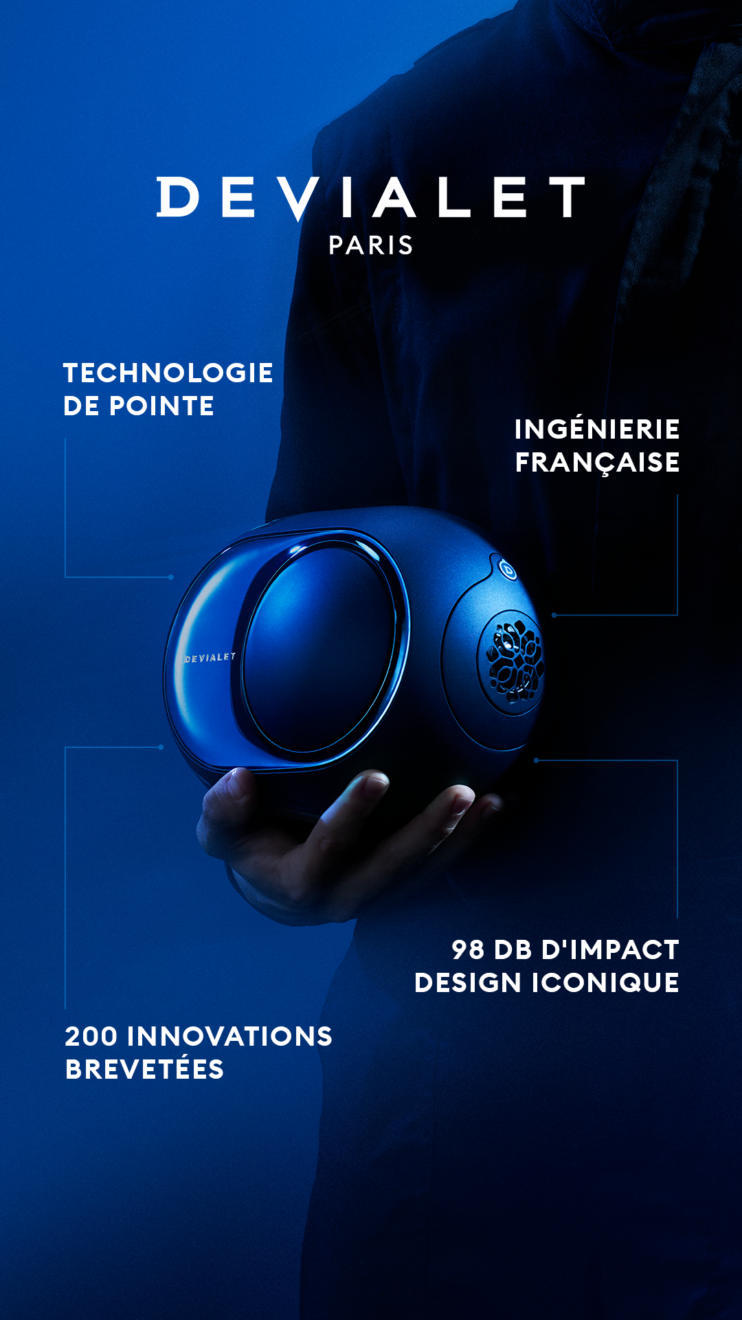 Devialet Facebook ad: Excellence audio. Ingénierie française.