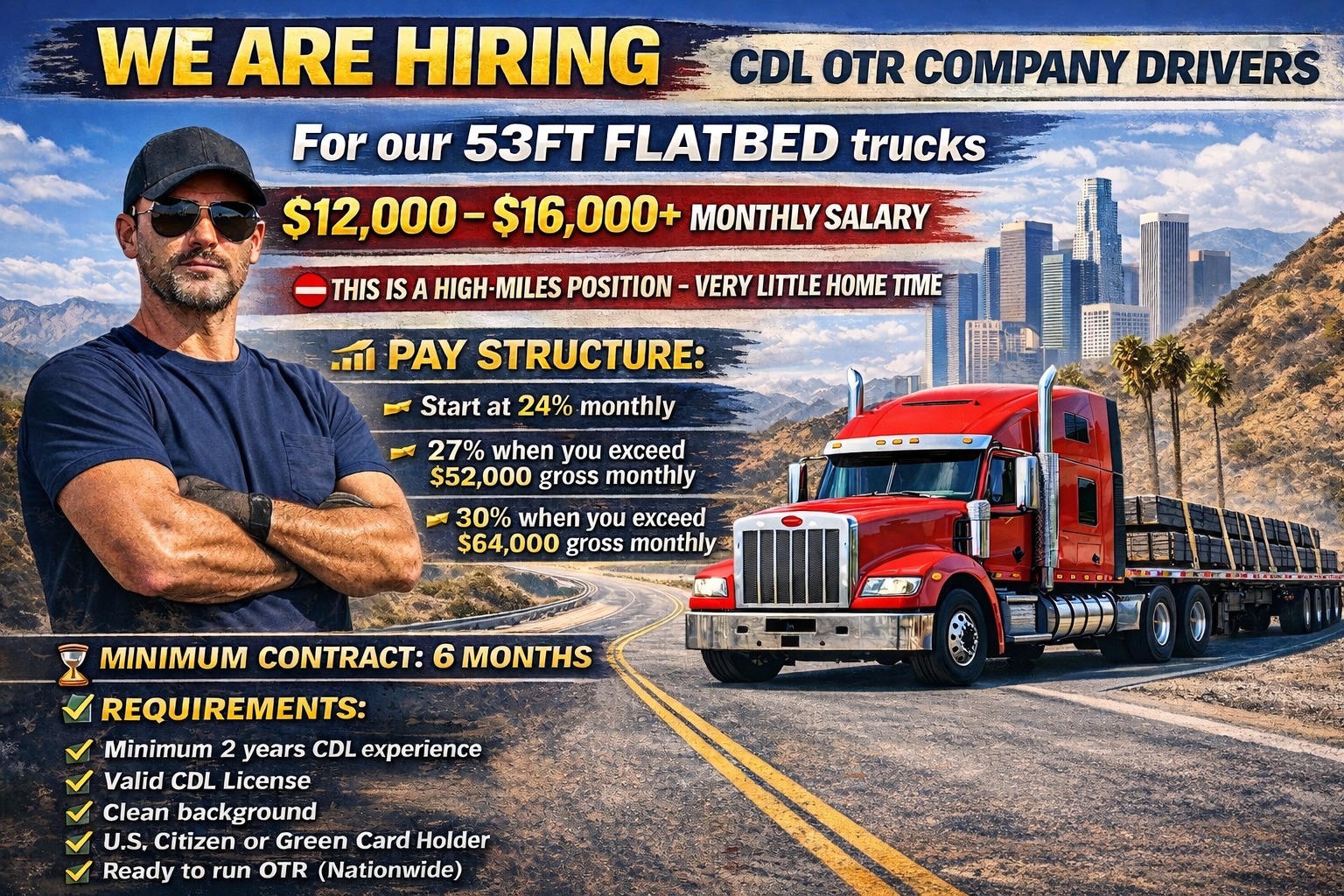 Dispatch Legends Facebook ad: CDL OTR COMPANY DRIVERS, 53FT FLATBED, NOW HIRING!