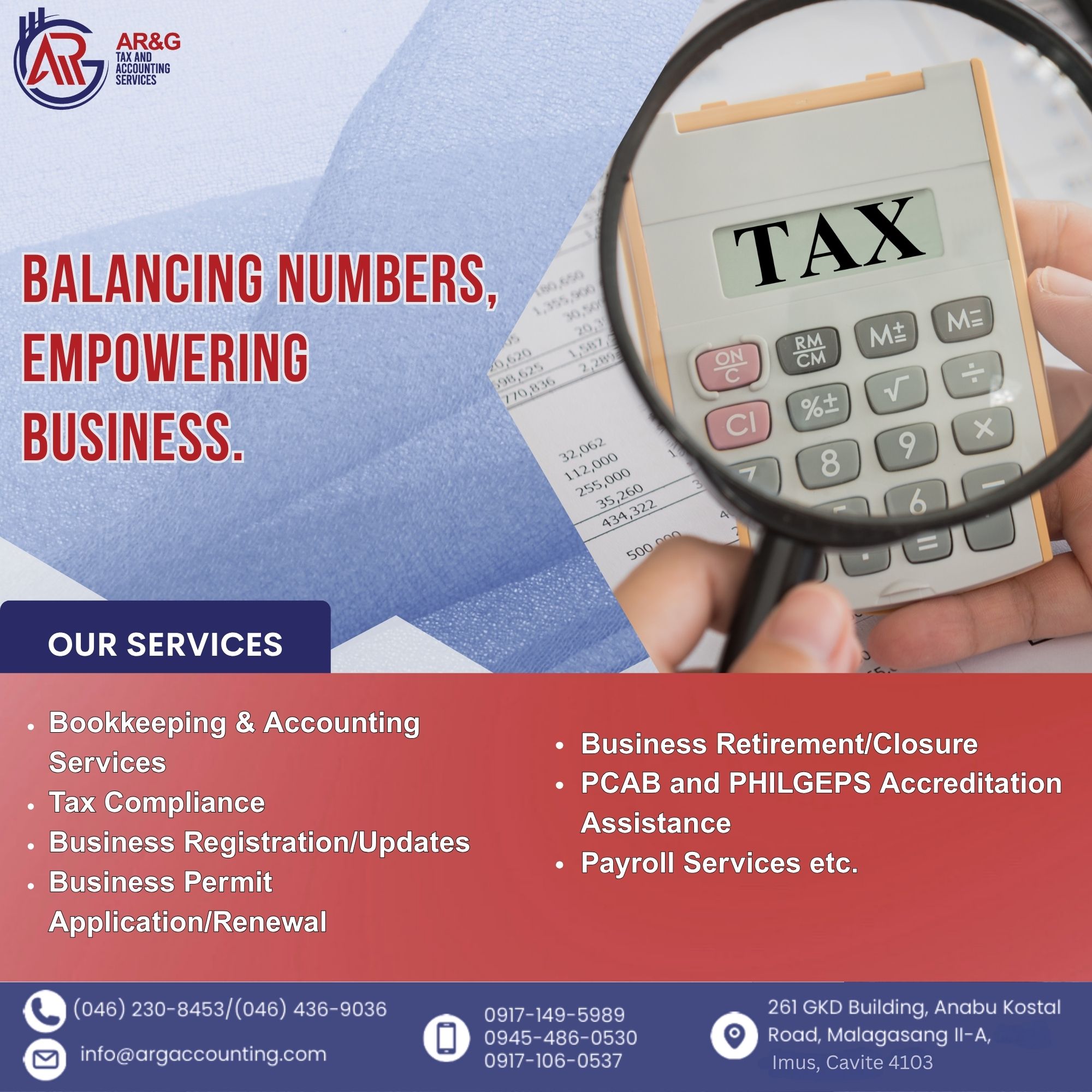 ARG Tax and Accounting Services Facebook ad: Balancing Numbers, Empowering Your Business!
