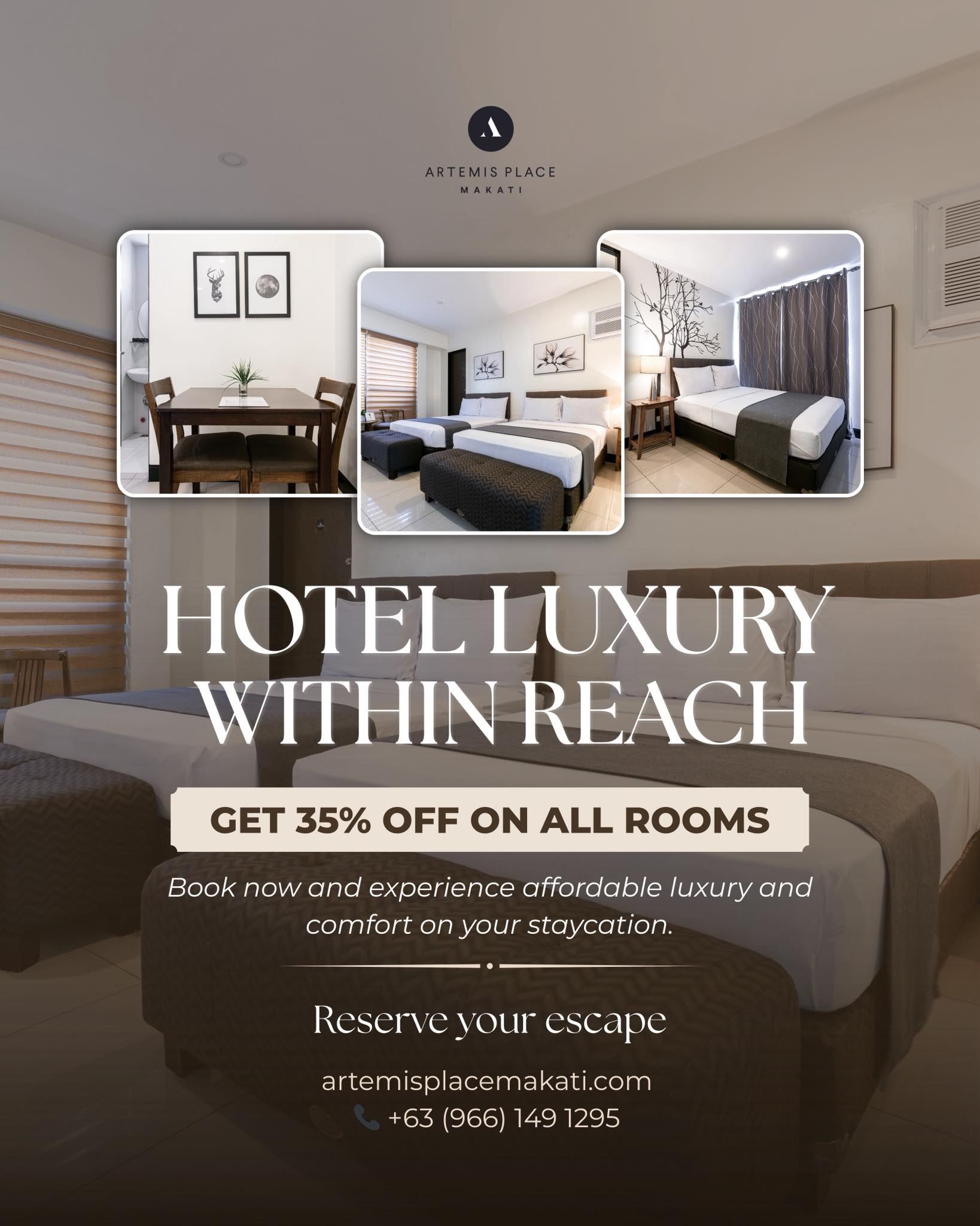 Artemis Place Makati Hotel - Ads Facebook ad: 35% OFF PROMO: 𝙊𝙪𝙧 𝙗𝙚𝙨𝙩-𝙨𝙚𝙡𝙡𝙞𝙣𝙜 𝙧𝙤𝙤𝙢𝙨…