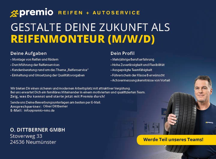 Premio Reifen & Autoservice, O. Dittberner GmbH Facebook ad: Mehr Grip im Job? Komm zu uns
