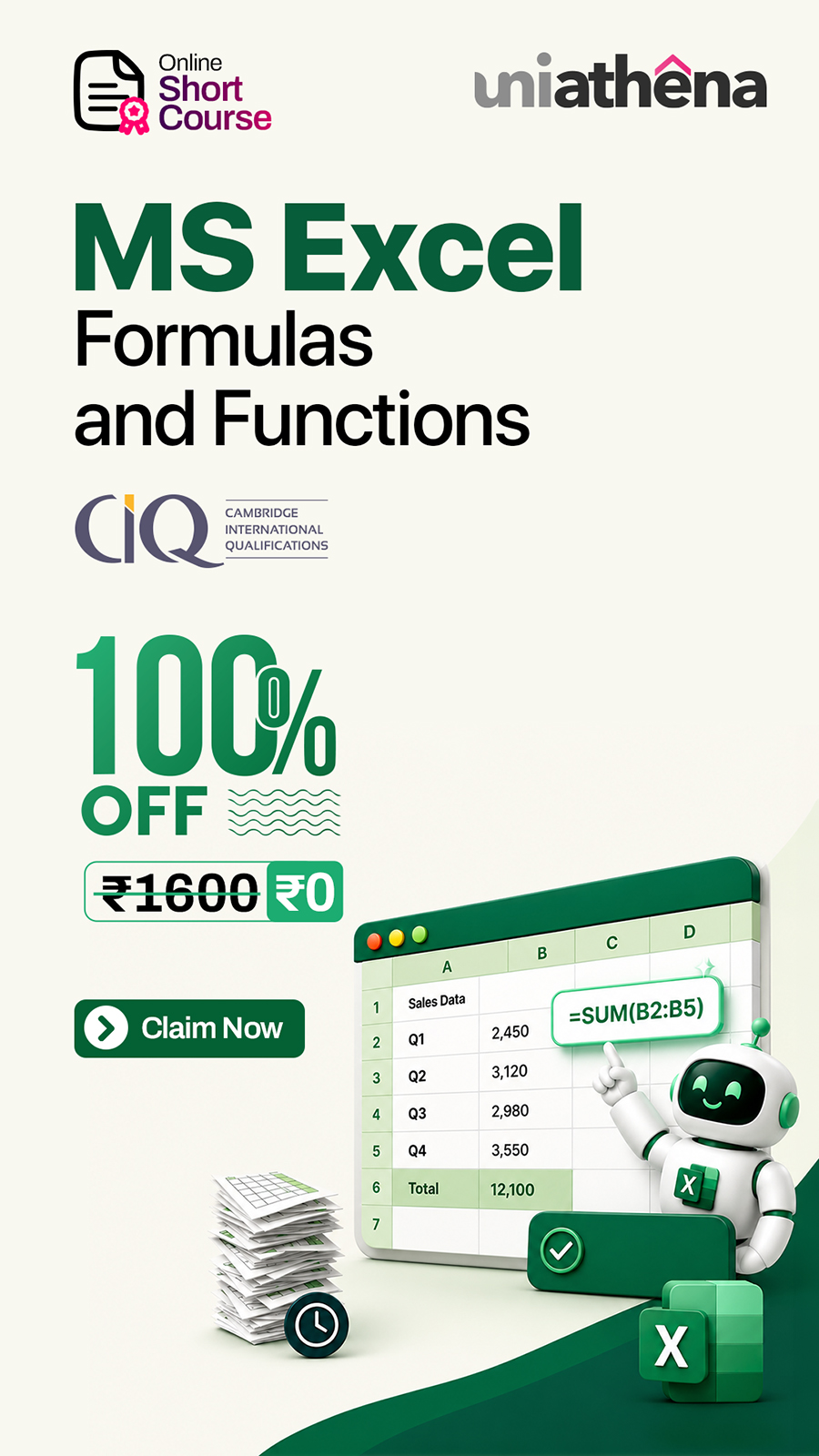 Uniathena - Short Courses Facebook ad: Free Excel Certificate