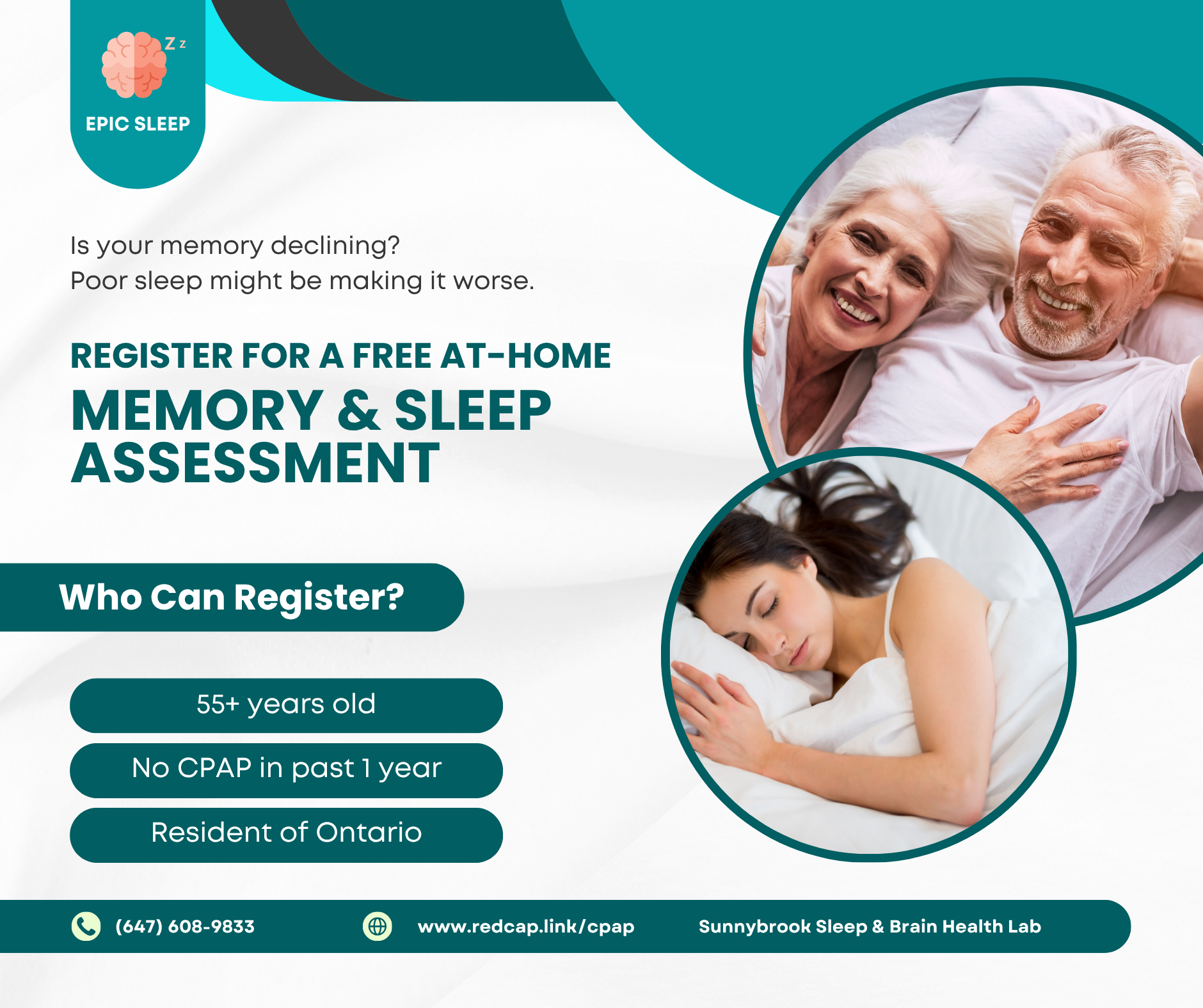 EPIC SLEEP Study at Sunnybrook Research Institute Facebook ad: Free at-home memory & sleep assessment offered by the…