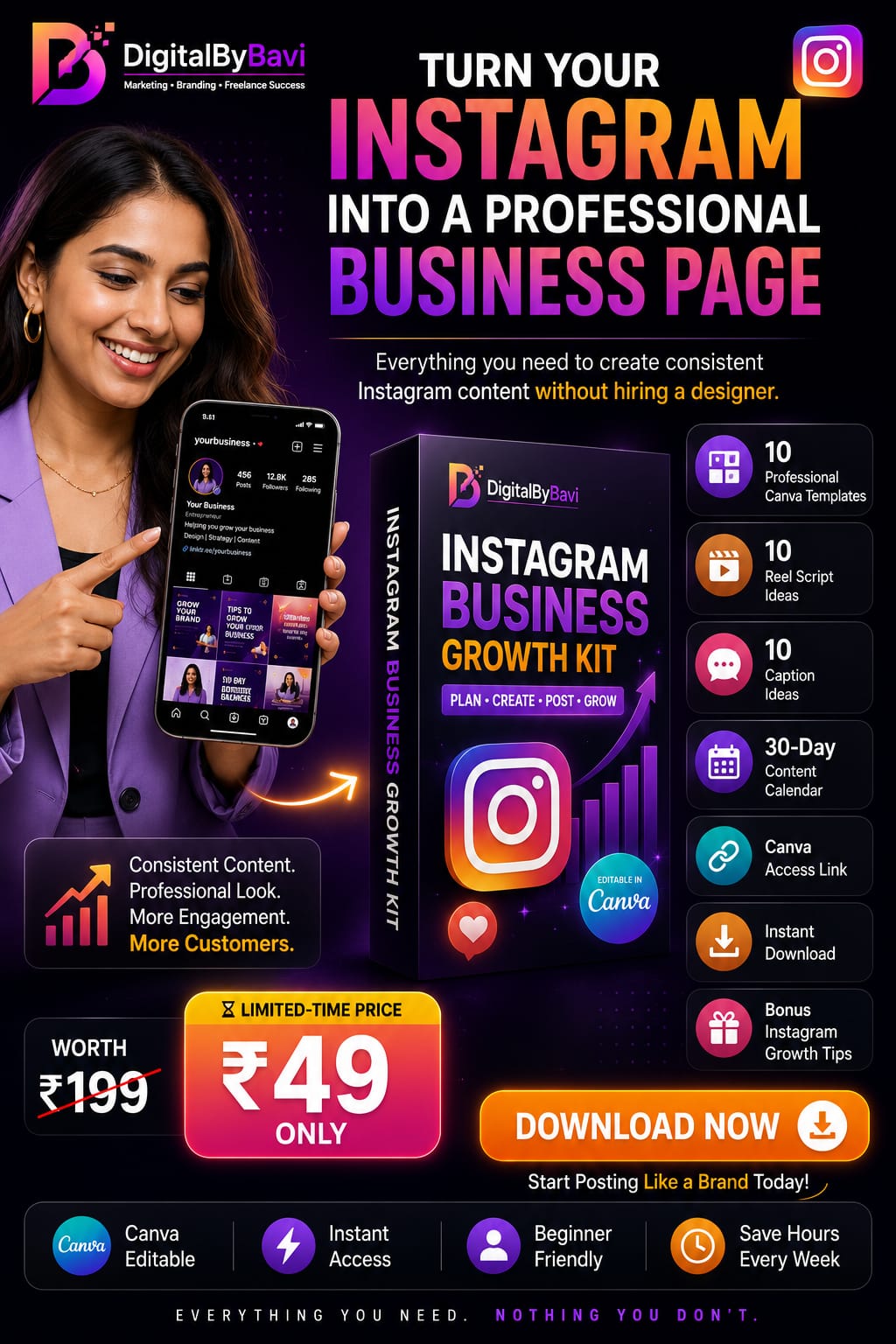 BranddigitalwithBavithra Facebook ad: Business Instagram Growth Kit, ₹49