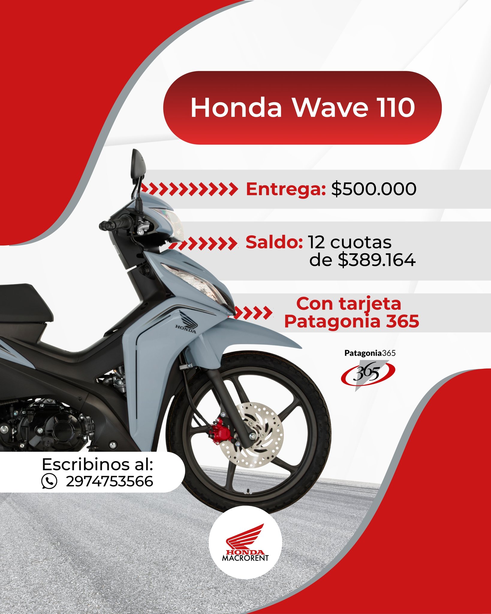 Macro Rent es Honda en Patagonia Facebook ad: Subite a tu Honda Wave 110 hoy