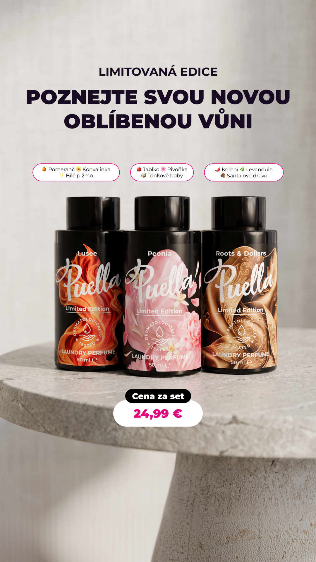 PUELLAvune.cz Facebook ad: 3 NOVÉ LIMITOVANÉ VŮNĚ