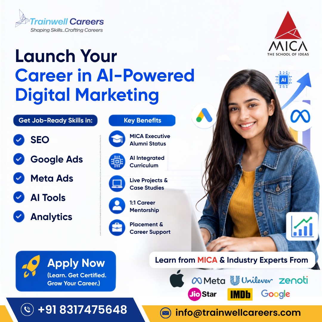 Trainwell Careers Facebook ad: Learn Digital Marketing from MICA & Industry Experts