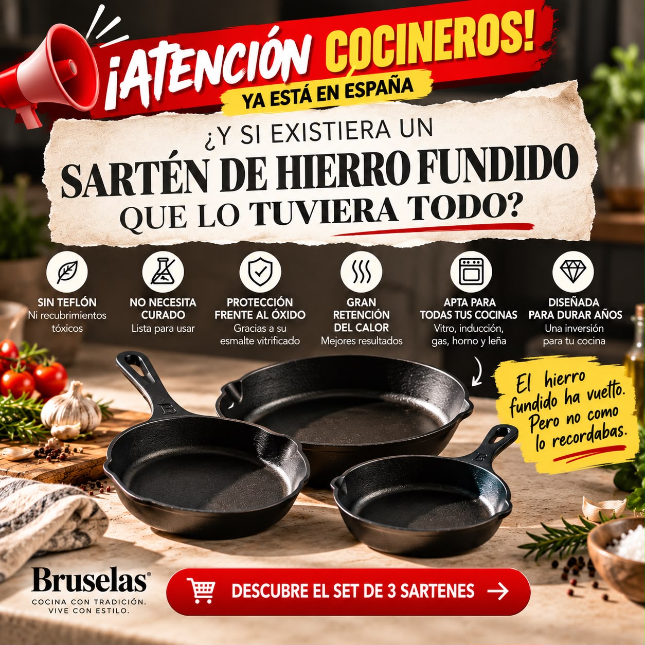 Bruselas Cocina Spain Facebook ad: ¿Y si un sartén de hierro fundido lo tuviera TODO?