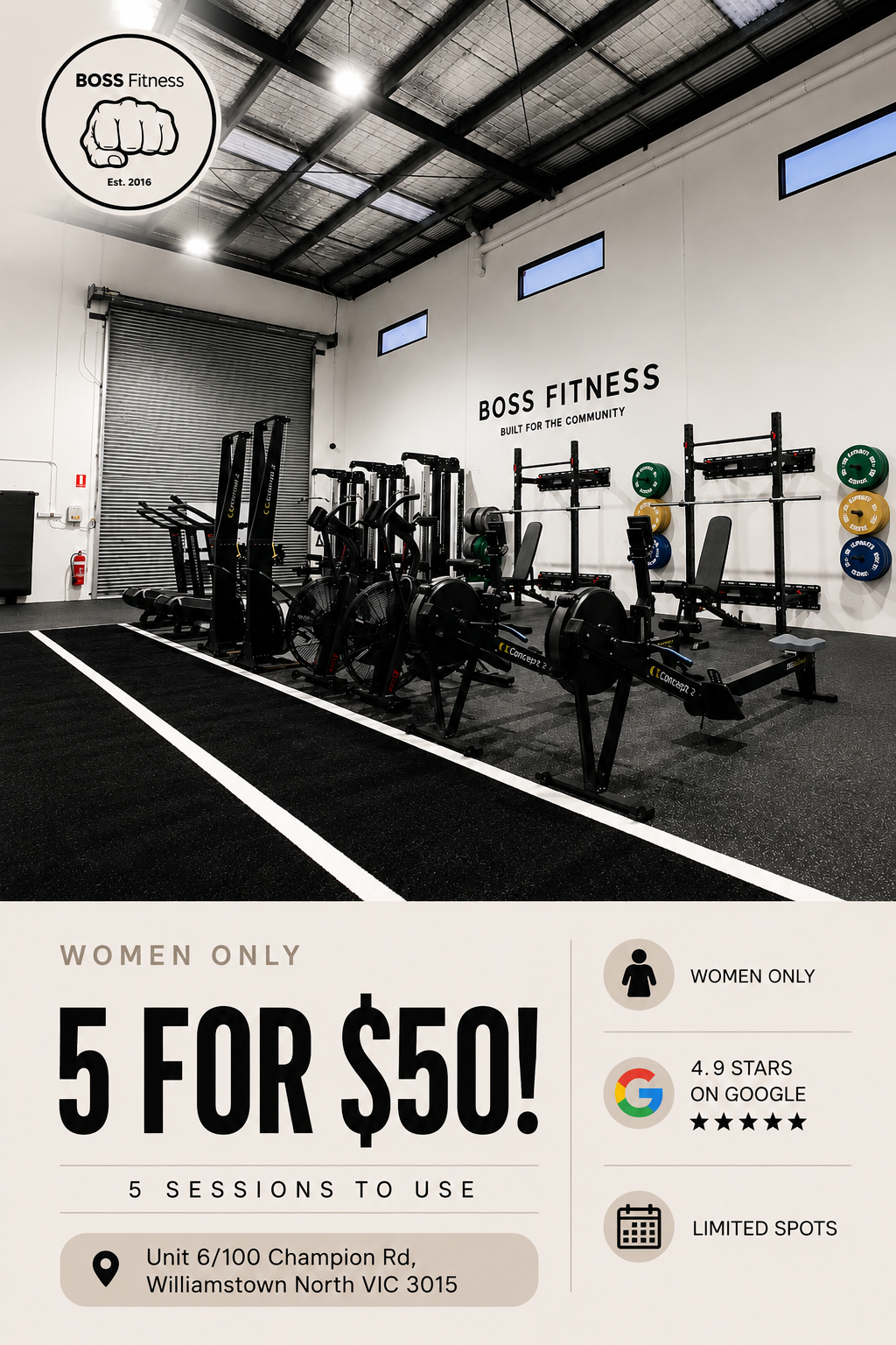 BOSS Fitness Female Studio Facebook ad: 5 Classes $50, Limited Spots