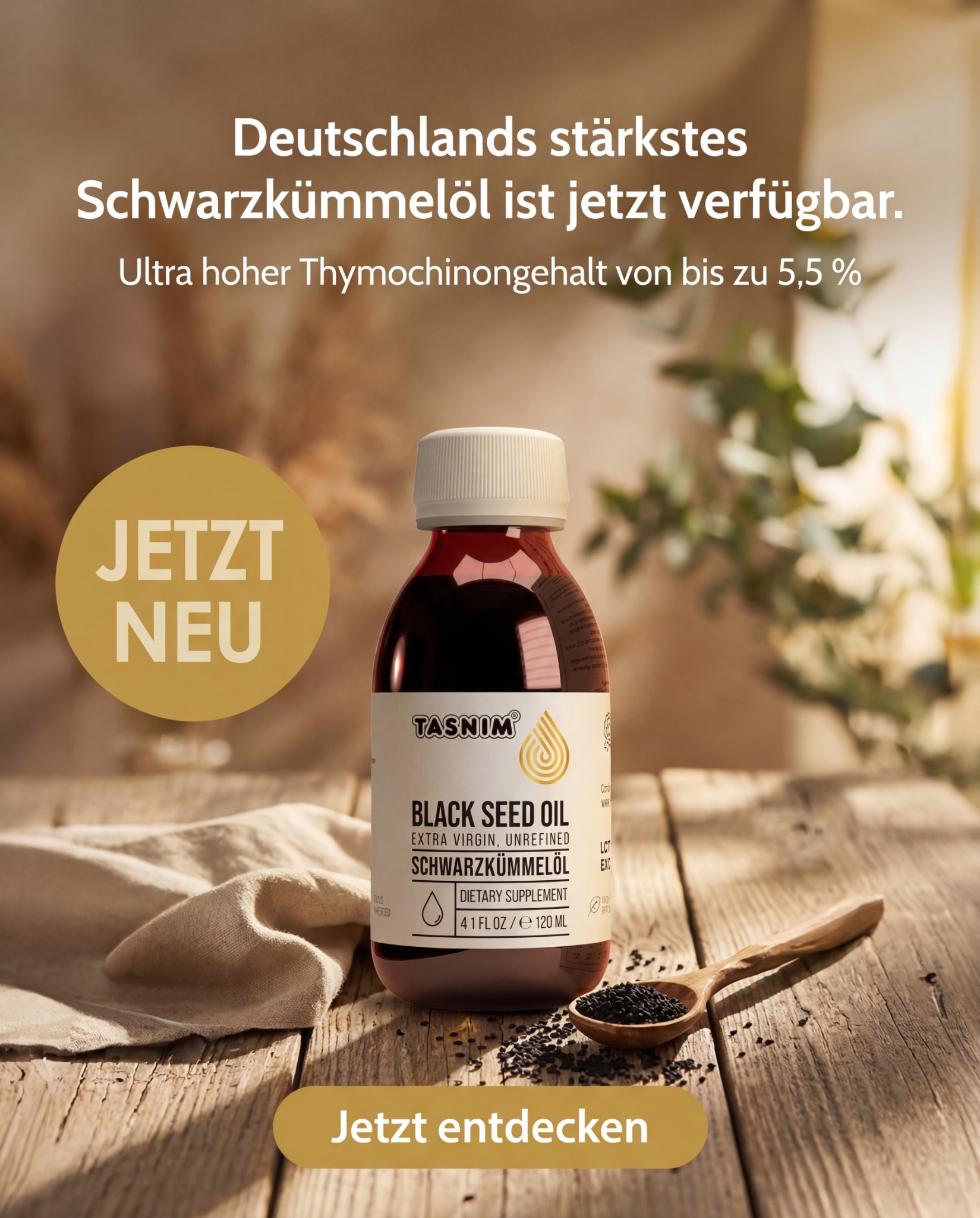 Tasnim DACH Facebook ad: Tasnim, kaltgepresst, laborgeprüft, apothekenzugelassen…