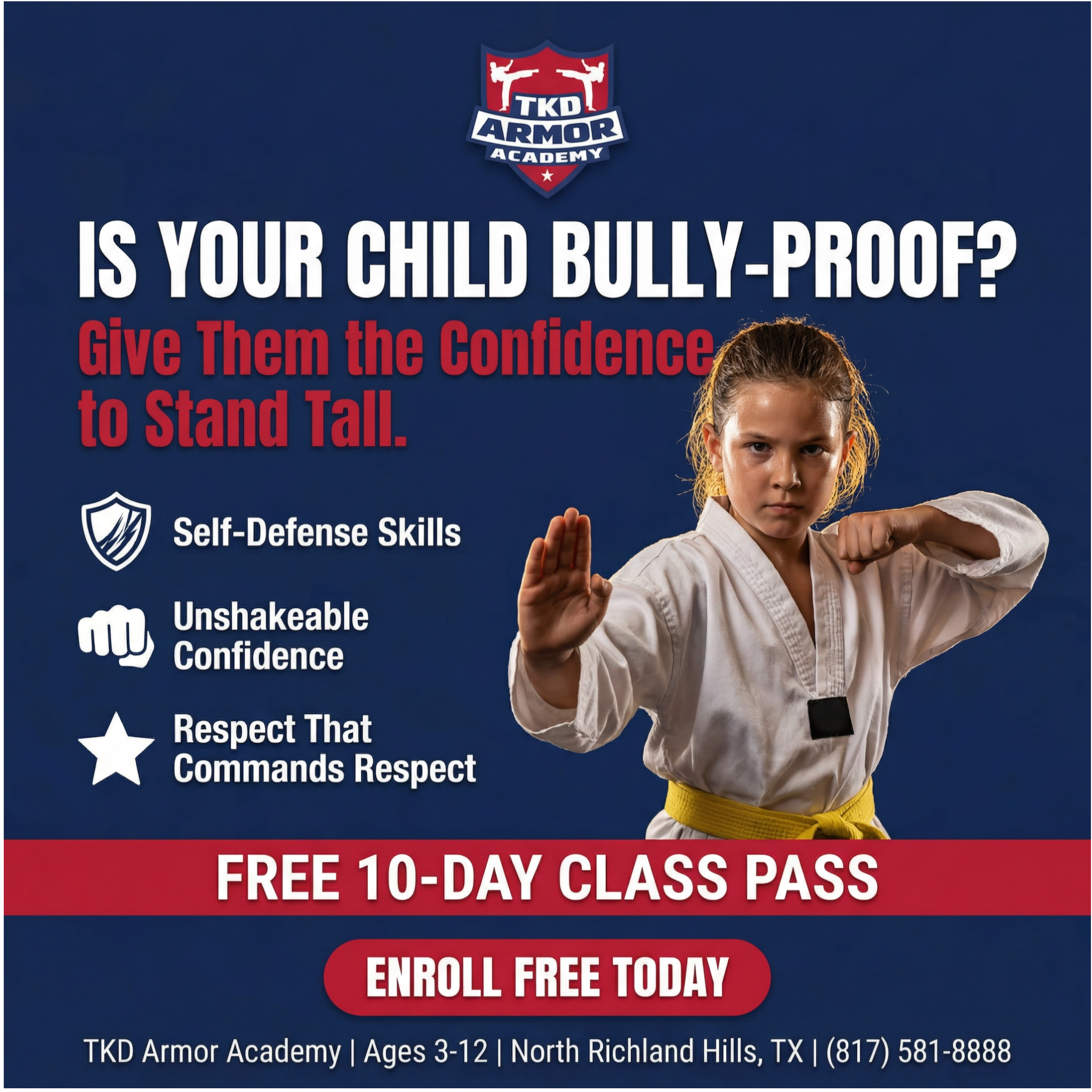 TKD Armor Academy Facebook ad: Want a FREE 10-Day, Kids Martial Arts Class Pass?