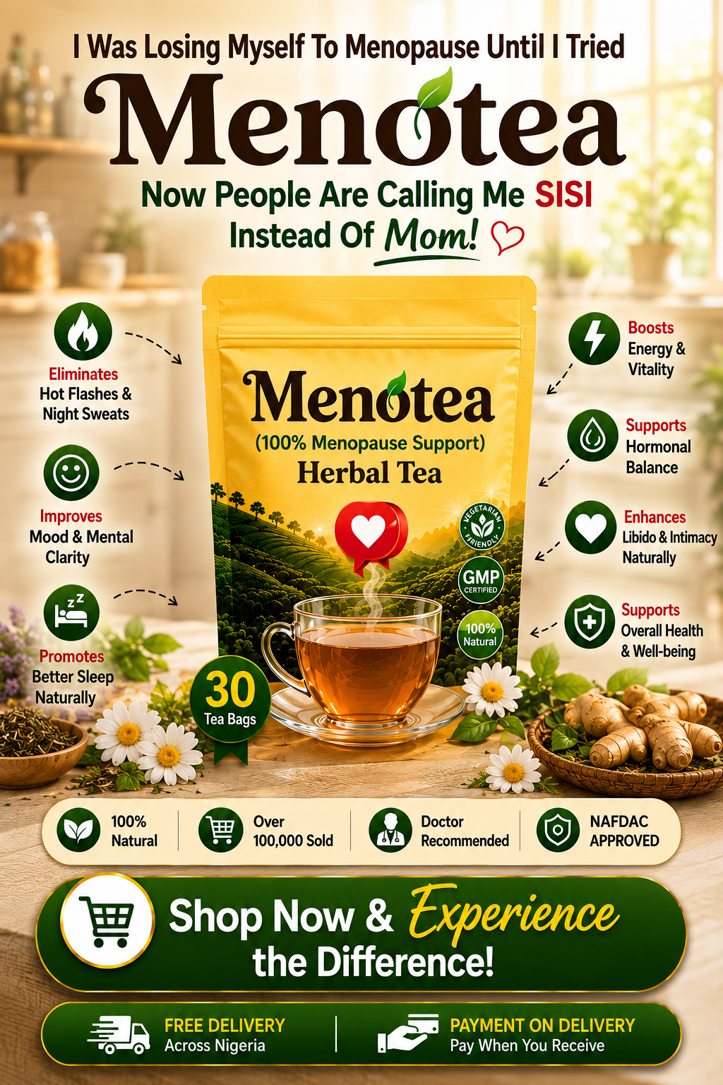 Menopause tea Facebook ad: GET 30% OFF + FREE DELIVERY
