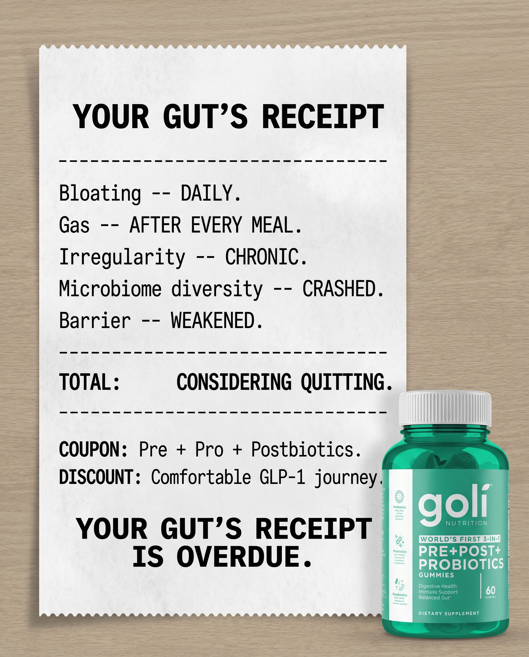 Goli Facebook ad: On a GLP-1? Your Gut’s Adjusting Too