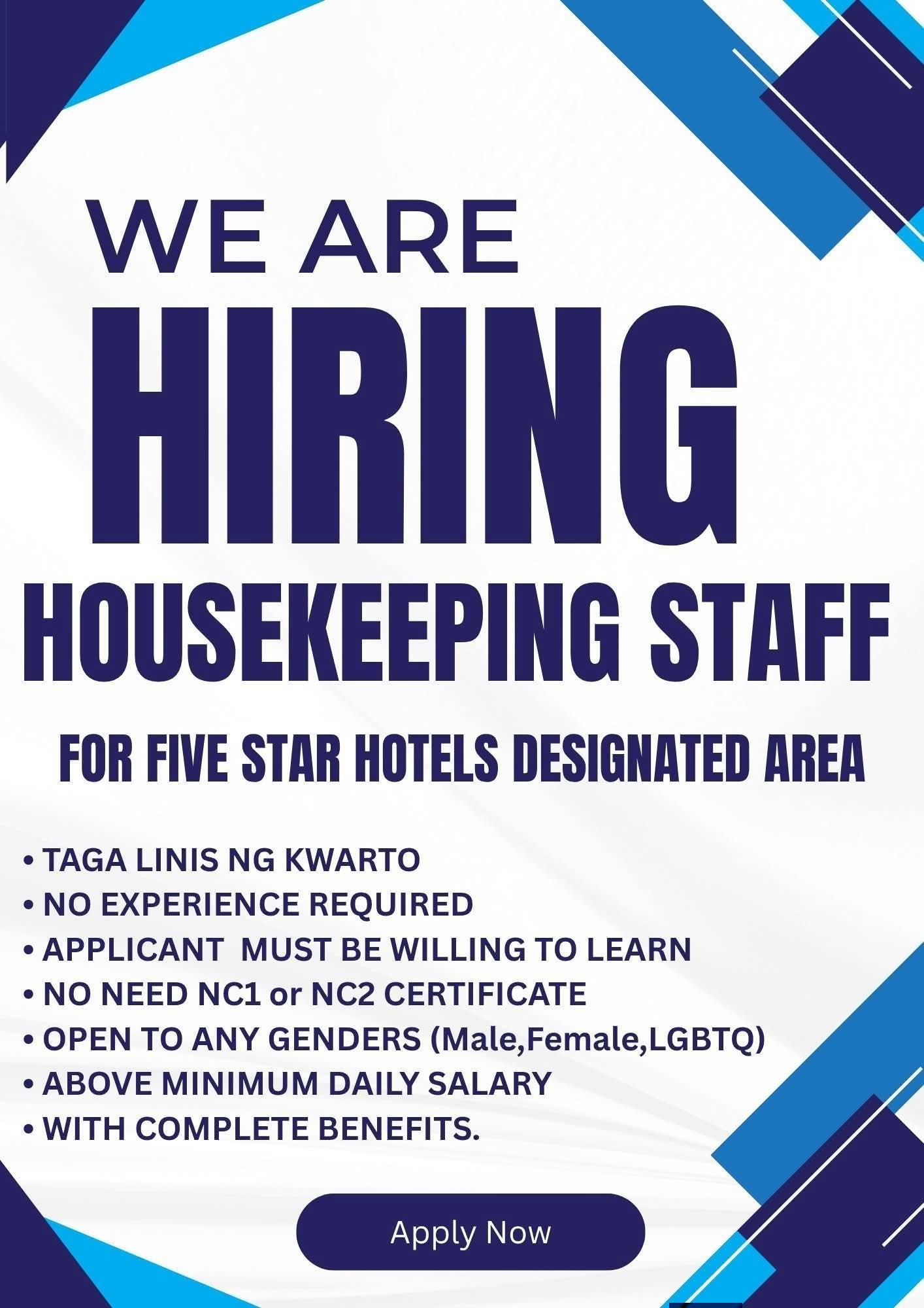 Job Hiring Manila Facebook ad: URGENT HIRING KAMI FOR HOUSEKEEPING STAFFS