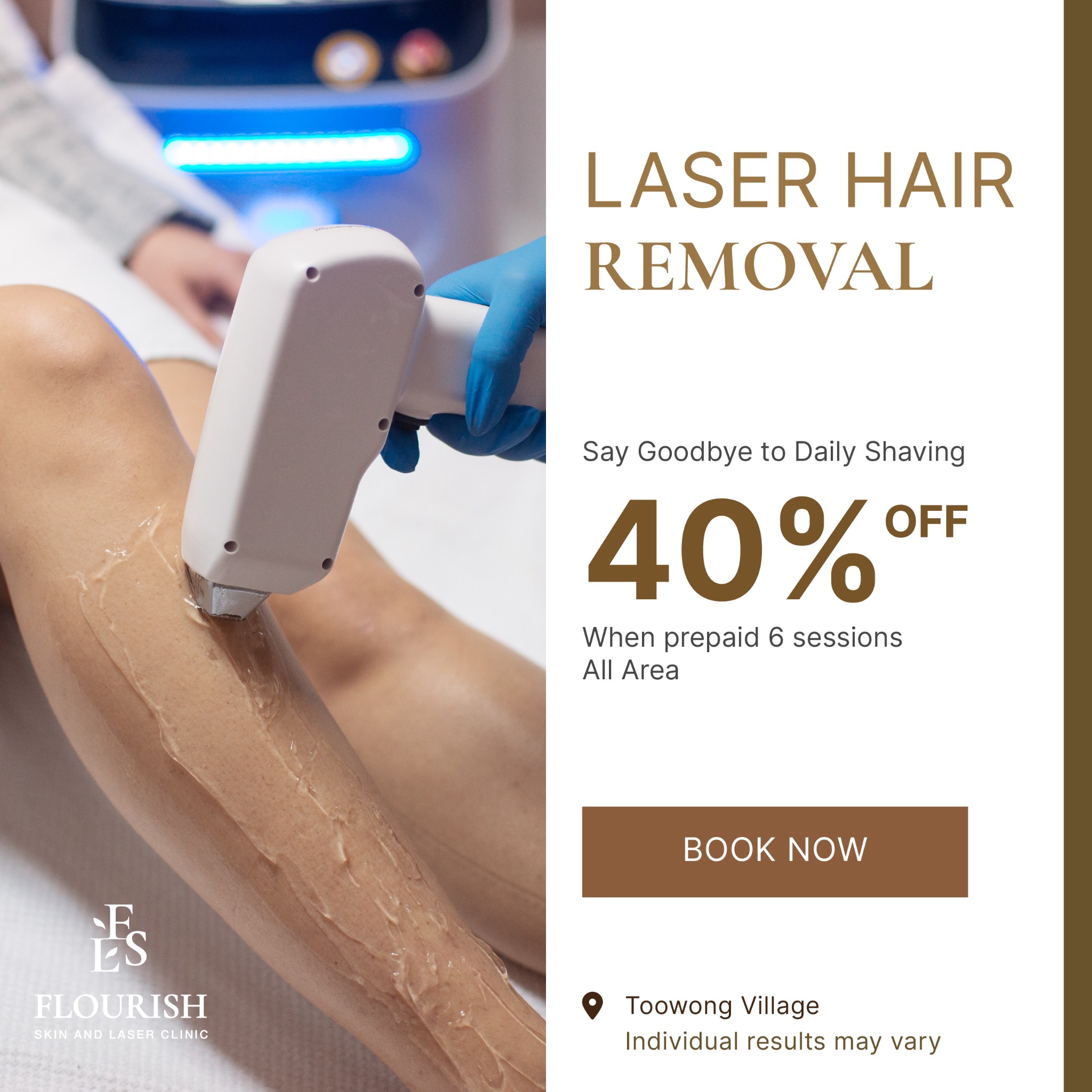Flourish Skin & Laser Toowong Facebook ad: Book an appointment now: 40% Off