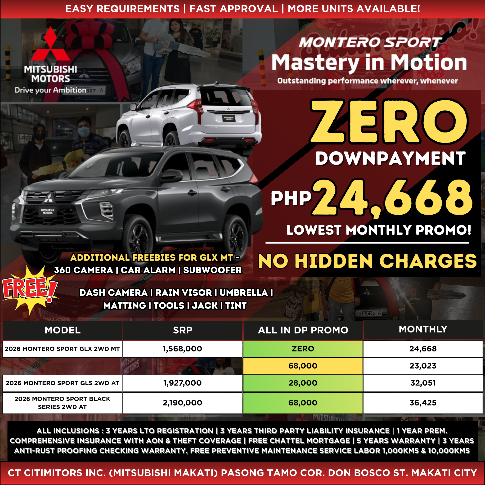 Mitsubishi Promos by Jona Garcera Facebook ad: MITSUBISHI MONTERO SPORT PROMO! ZERO DP + LOWEST MONTHLY +…