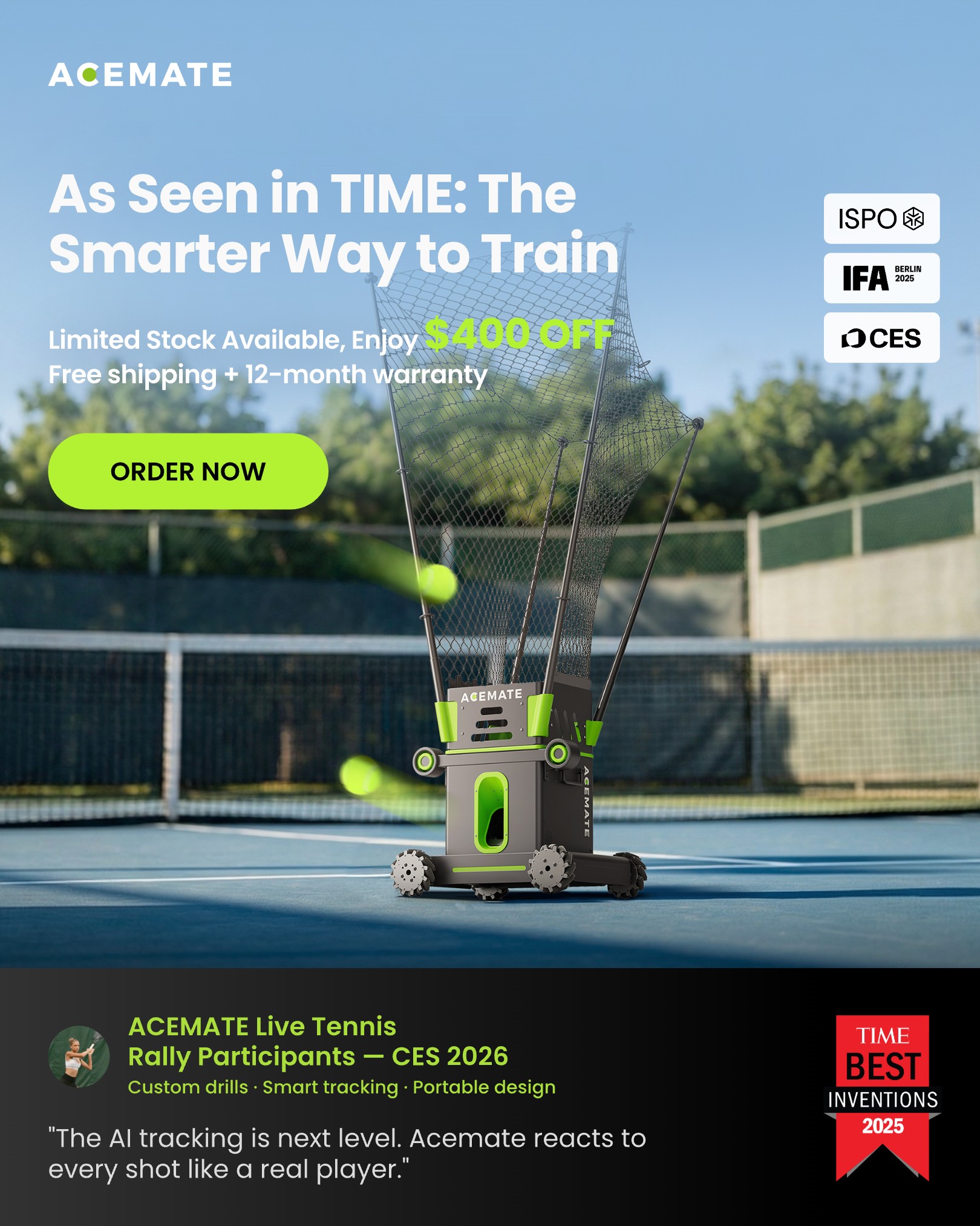 Acemate Facebook ad: Tennis lovers, the wait is over!