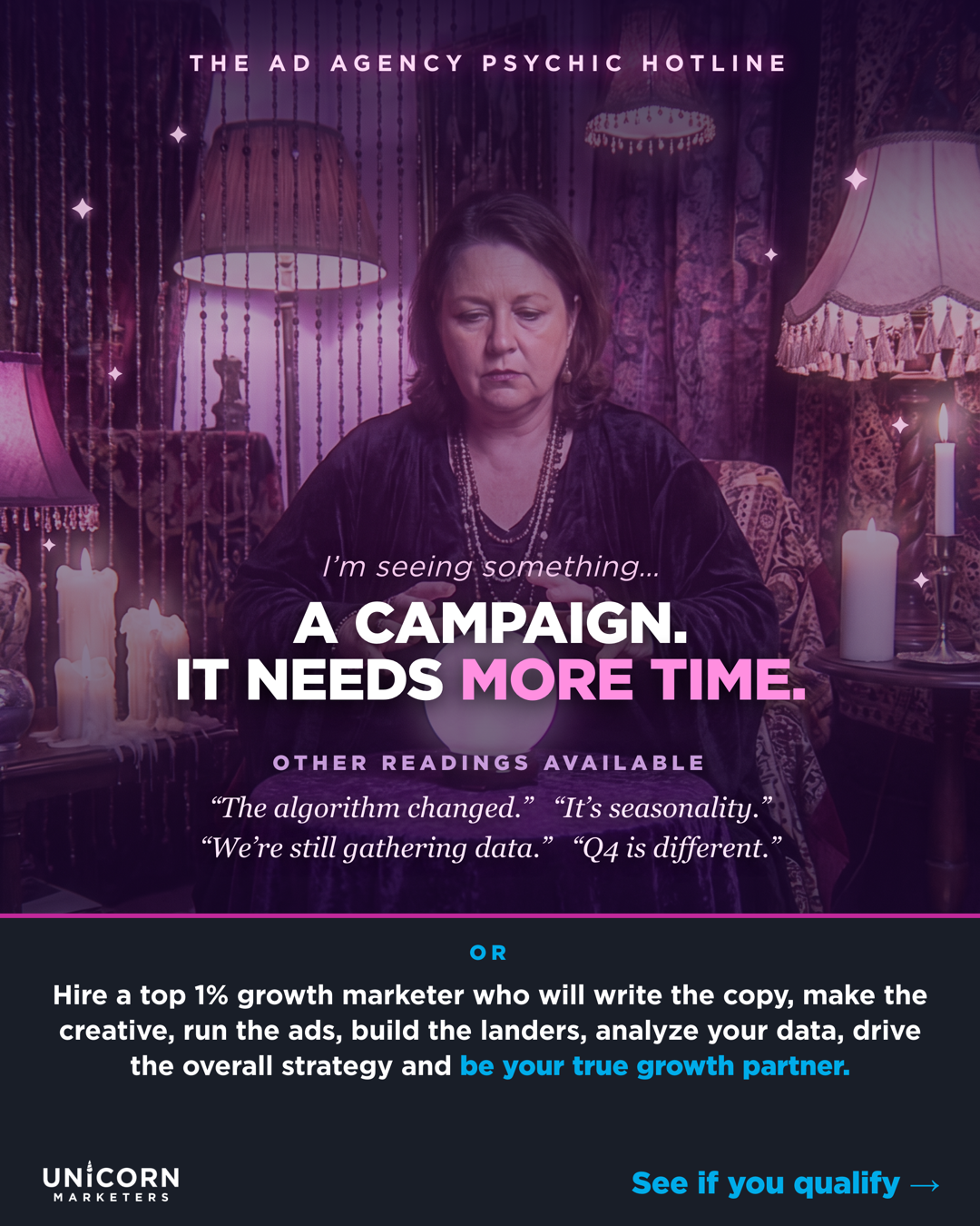 Unicorn Marketers Facebook ad: Hire A Top 1% Growth Marketer Today