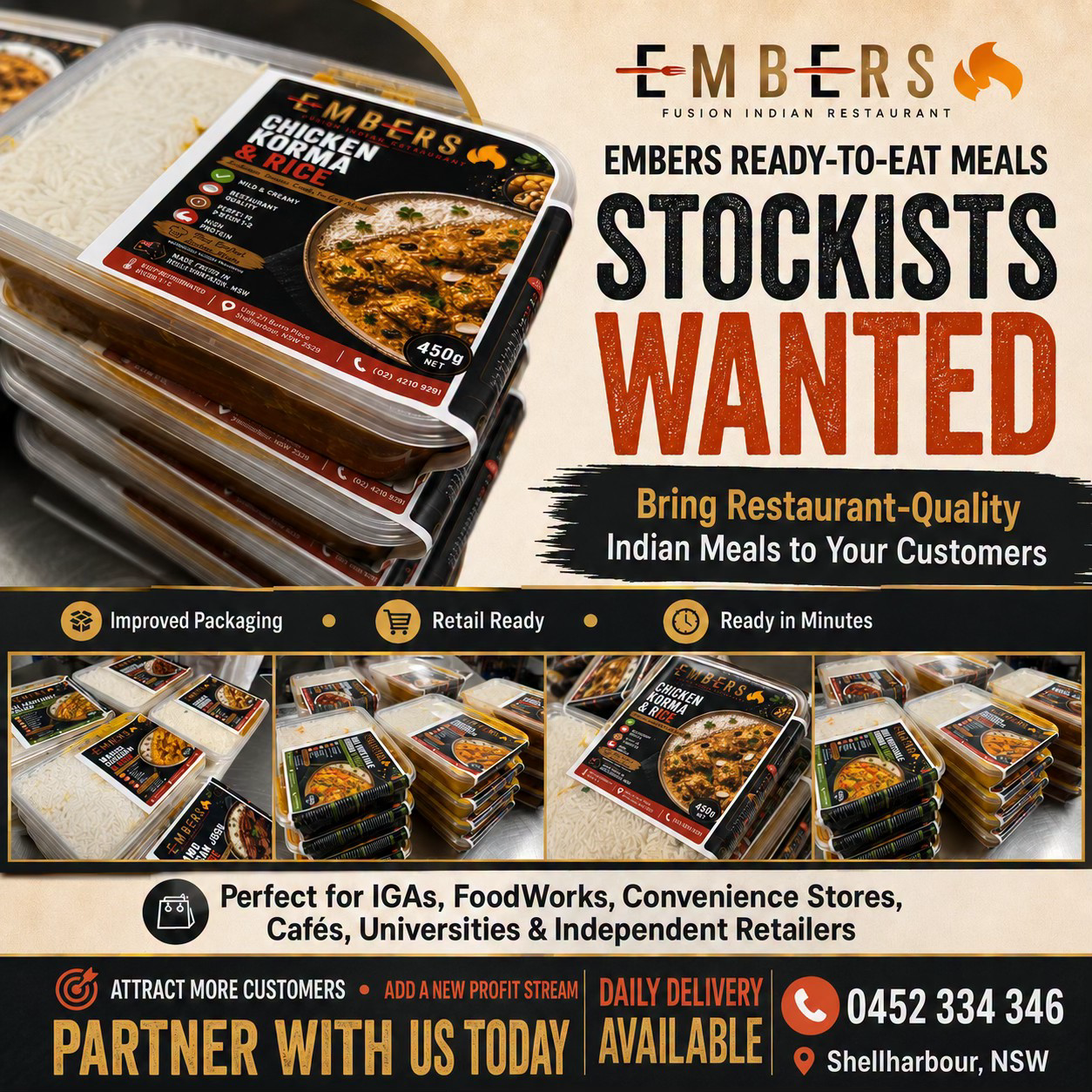Embers Fusion Indian Restaurant Facebook ad: STOCKISTS WANTED, PARTNER WITH EMBERS!