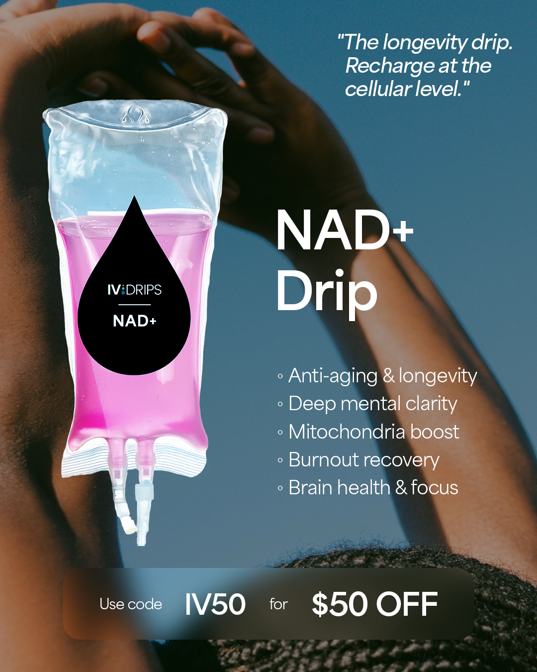 IVDRIPS Facebook ad: $50 off your next IV drip. Use code IV50.