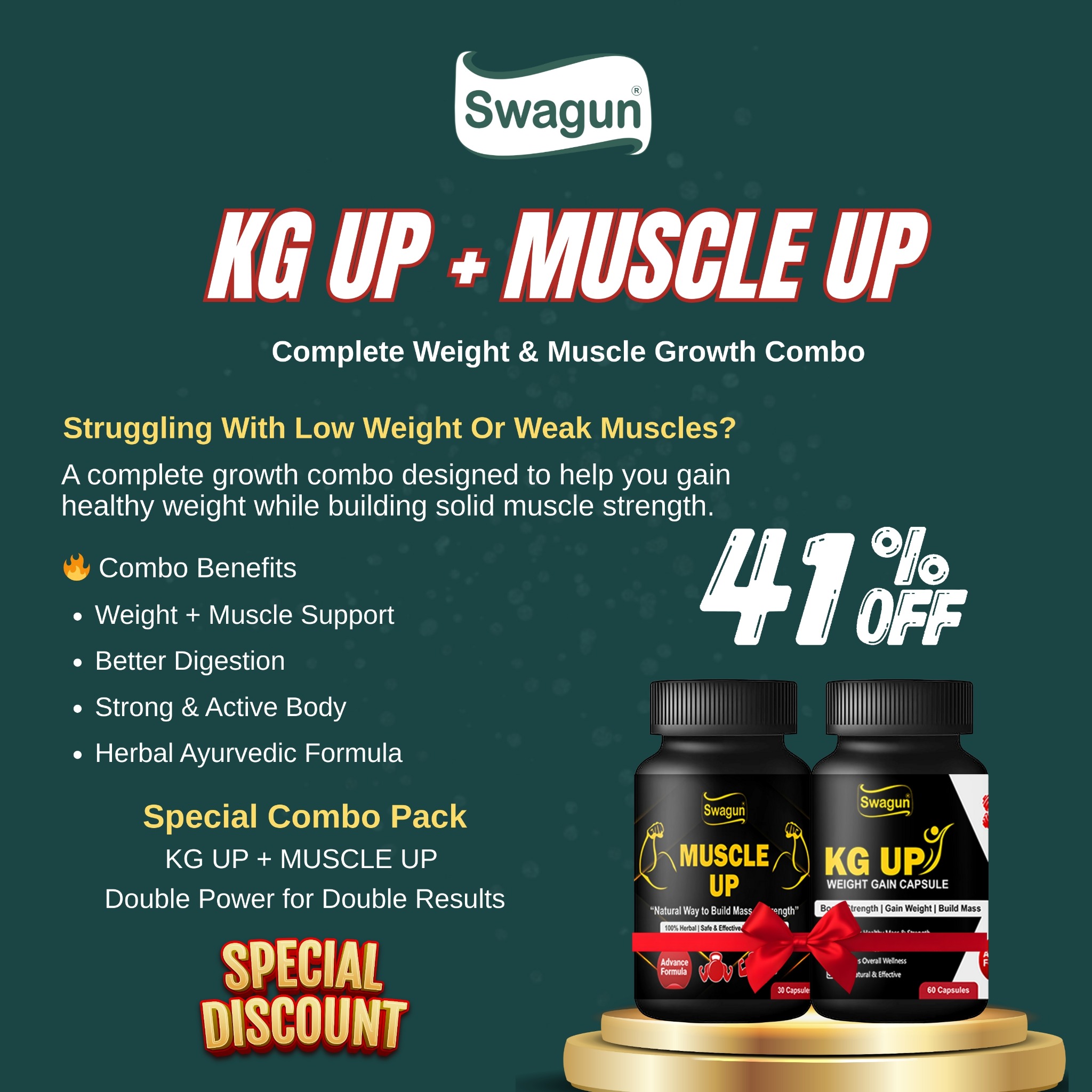 Swagun Ayurveda Facebook ad: Dublepan ko kahein ALVIDA! Swagun Muscle Up Combo