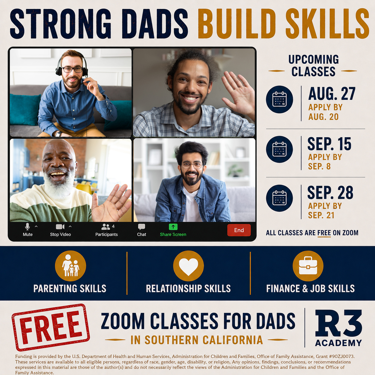 Healthy Relationships California Facebook ad: Join a FREE Fatherhood Zoom Course!