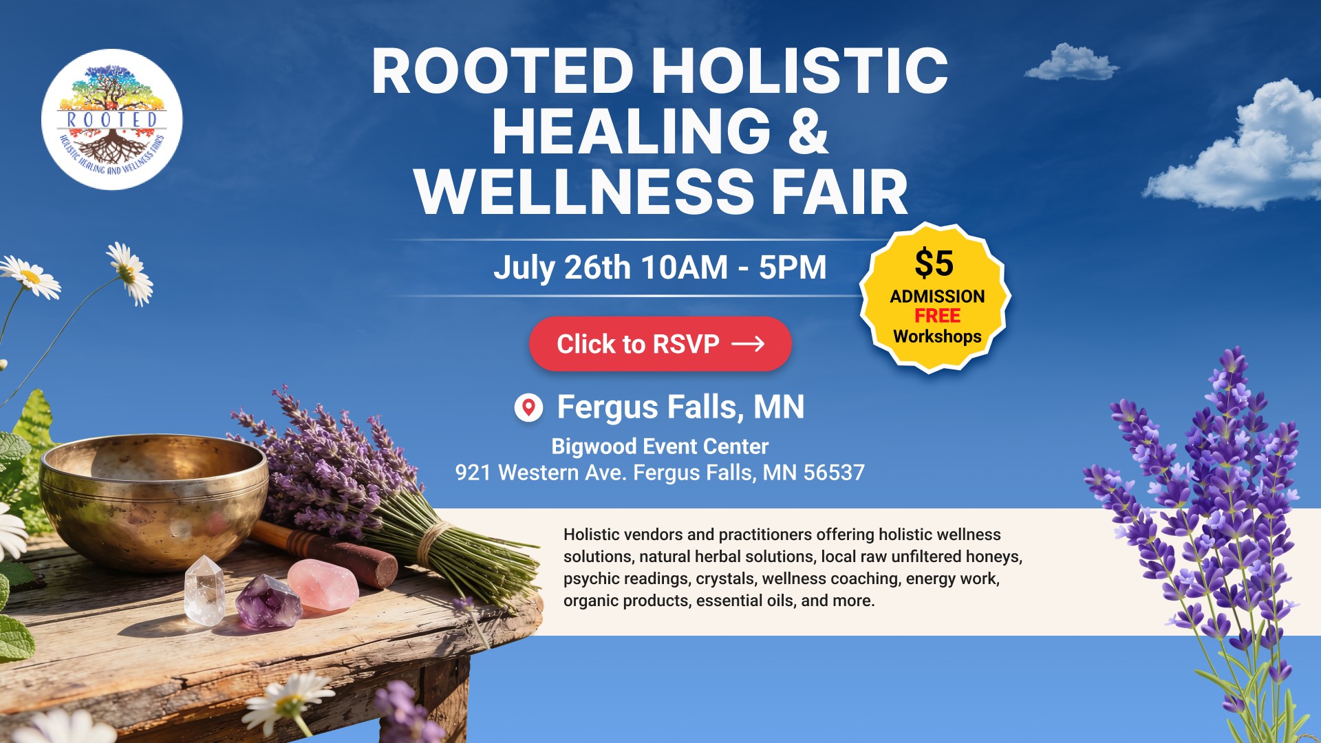 Rooted Holistic Healing & Wellness Fairs Facebook ad: Holistic Healing & Wellness Fair Fergus Falls, MN