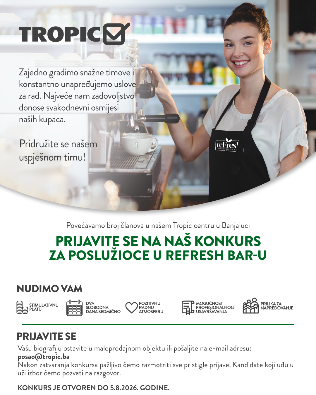 ReFresh coffee&juice bar Facebook ad: Konkurs za poslužioce na reFresh baru - Tropic